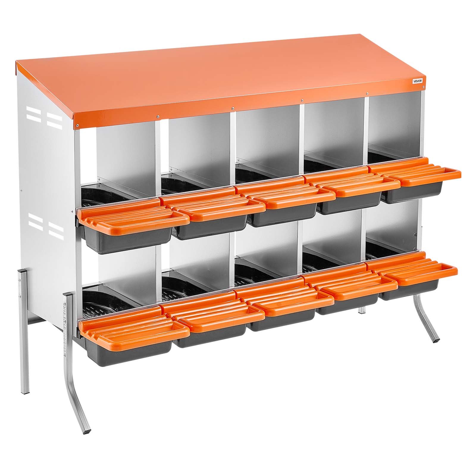 VEVOR Chicken Nesting Boxes, 10 Compartments, with Support Legs, Easy Egg Collection, Galvanized Steel and High-Strength Plastic, Roll Away Nesting Boxes for Chickens and Hens Laying Eggs, Orange