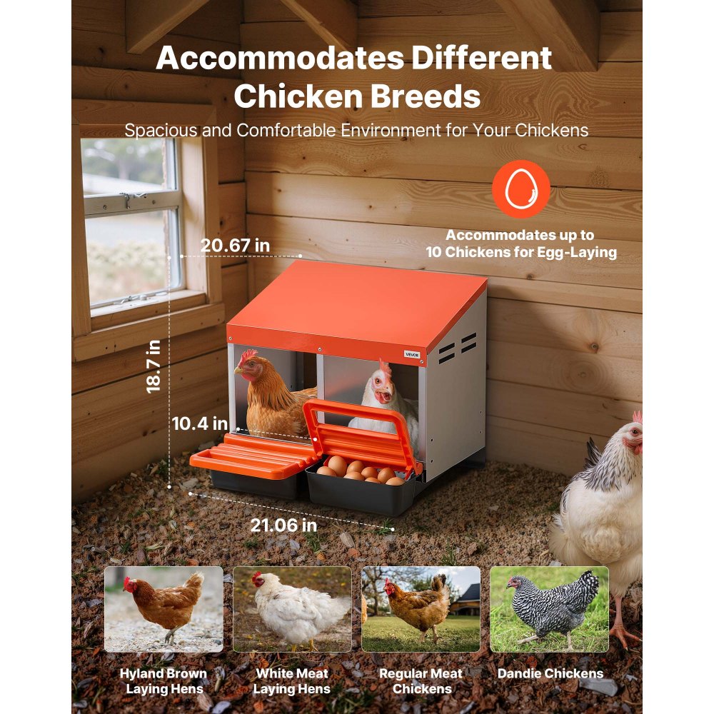 VEVOR Chicken Nesting Boxes, 2 Compartments, Easy Egg Collection, Wall Mount, Easy to Assemble, Galvanized Steel and High-Strength Plastic, Roll Away Nesting Boxes for Chickens Laying Eggs, Orange