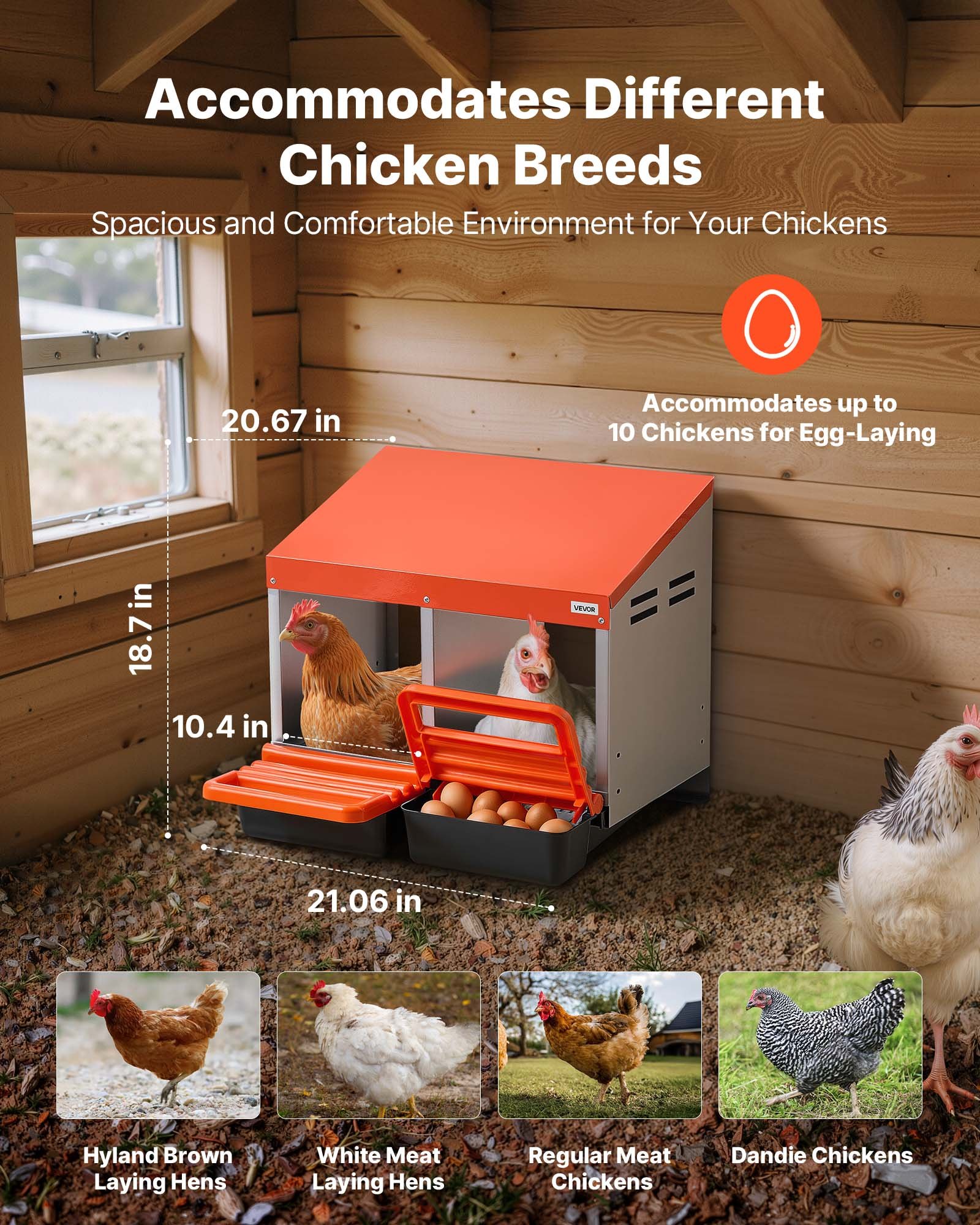 VEVOR Chicken Nesting Boxes, 2 Compartments, Easy Egg Collection, Wall Mount, Easy to Assemble, Galvanized Steel and High-Strength Plastic, Roll Away Nesting Boxes for Chickens Laying Eggs, Orange