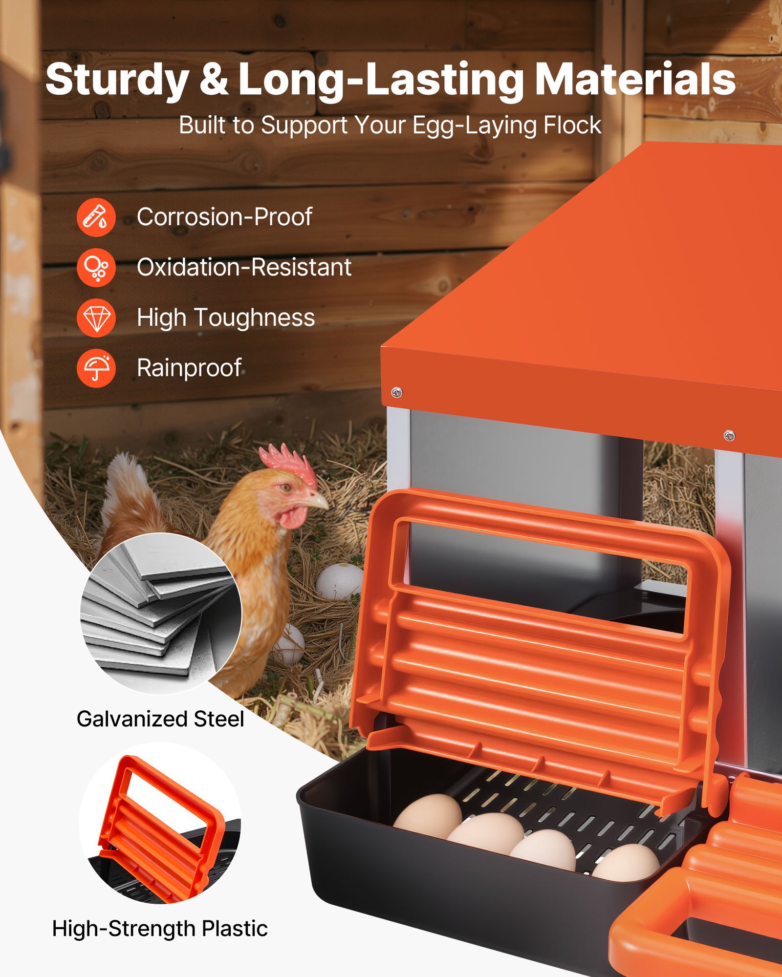 VEVOR Chicken Nesting Boxes, 2 Compartments, Easy Egg Collection, Wall Mount, Easy to Assemble, Galvanized Steel and High-Strength Plastic, Roll Away Nesting Boxes for Chickens Laying Eggs, Orange