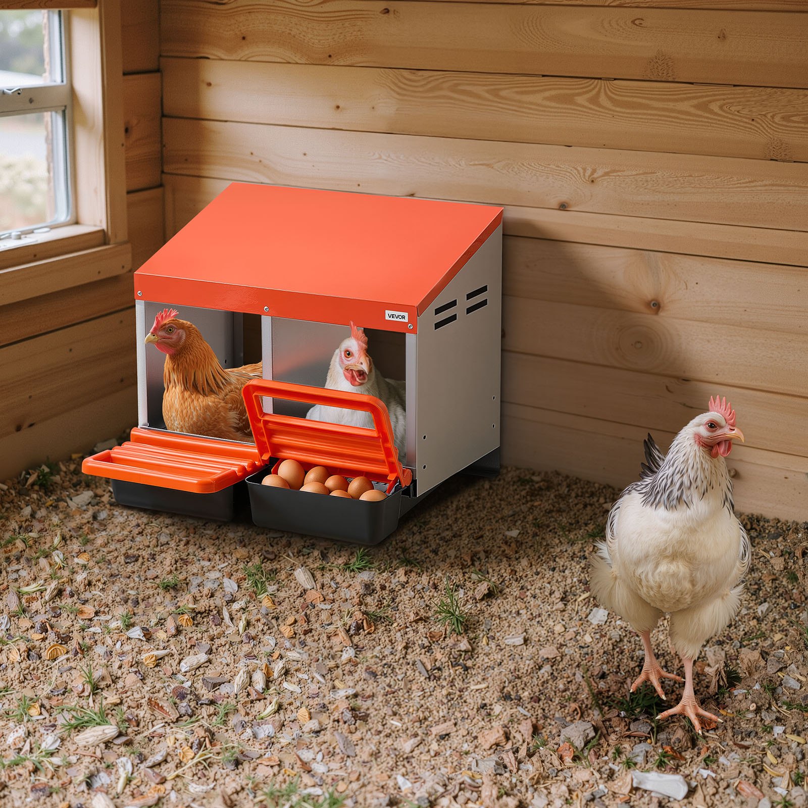 VEVOR Chicken Nesting Boxes, 2 Compartments, Easy Egg Collection, Wall Mount, Easy to Assemble, Galvanized Steel and High-Strength Plastic, Roll Away Nesting Boxes for Chickens Laying Eggs, Orange