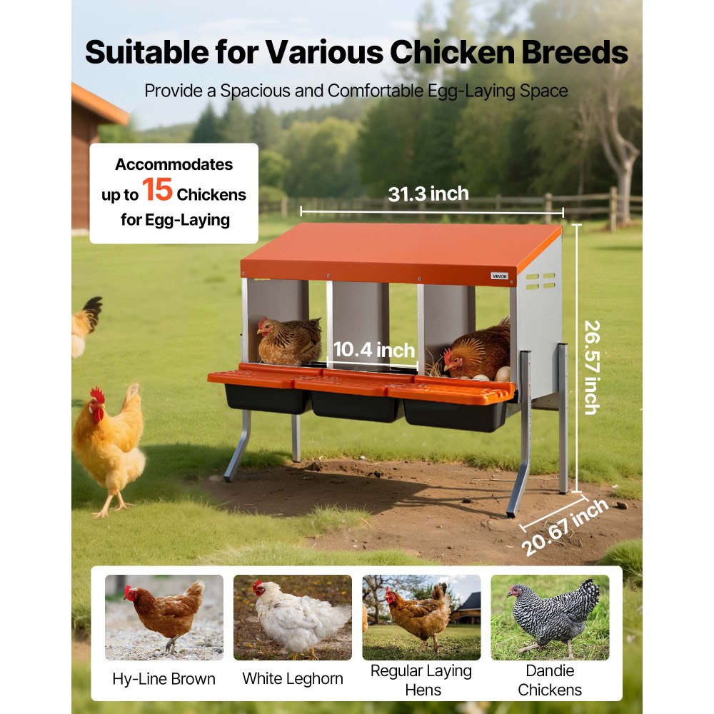 VEVOR Chicken Nesting Boxes, 3 Compartments, with Support Legs, Easy Egg Collection, Galvanized Steel and High-Strength Plastic, Roll Away Nesting Boxes for Chickens and Hens Laying Eggs, Orange