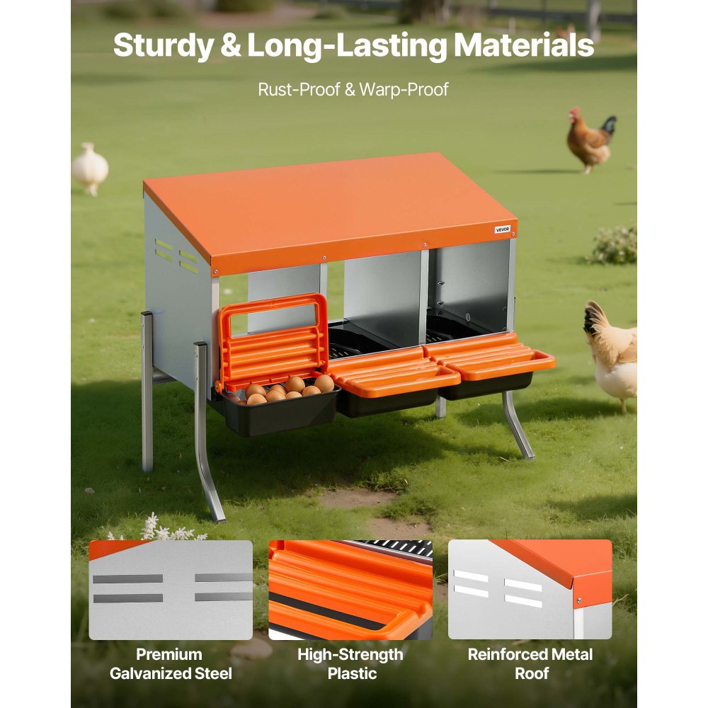 VEVOR Chicken Nesting Boxes, 3 Compartments, with Support Legs, Easy Egg Collection, Galvanized Steel and High-Strength Plastic, Roll Away Nesting Boxes for Chickens and Hens Laying Eggs, Orange
