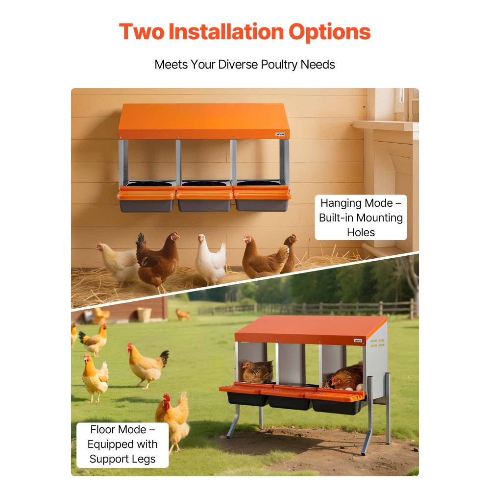 VEVOR Chicken Nesting Boxes, 3 Compartments, with Support Legs, Easy Egg Collection, Galvanized Steel and High-Strength Plastic, Roll Away Nesting Boxes for Chickens and Hens Laying Eggs, Orange
