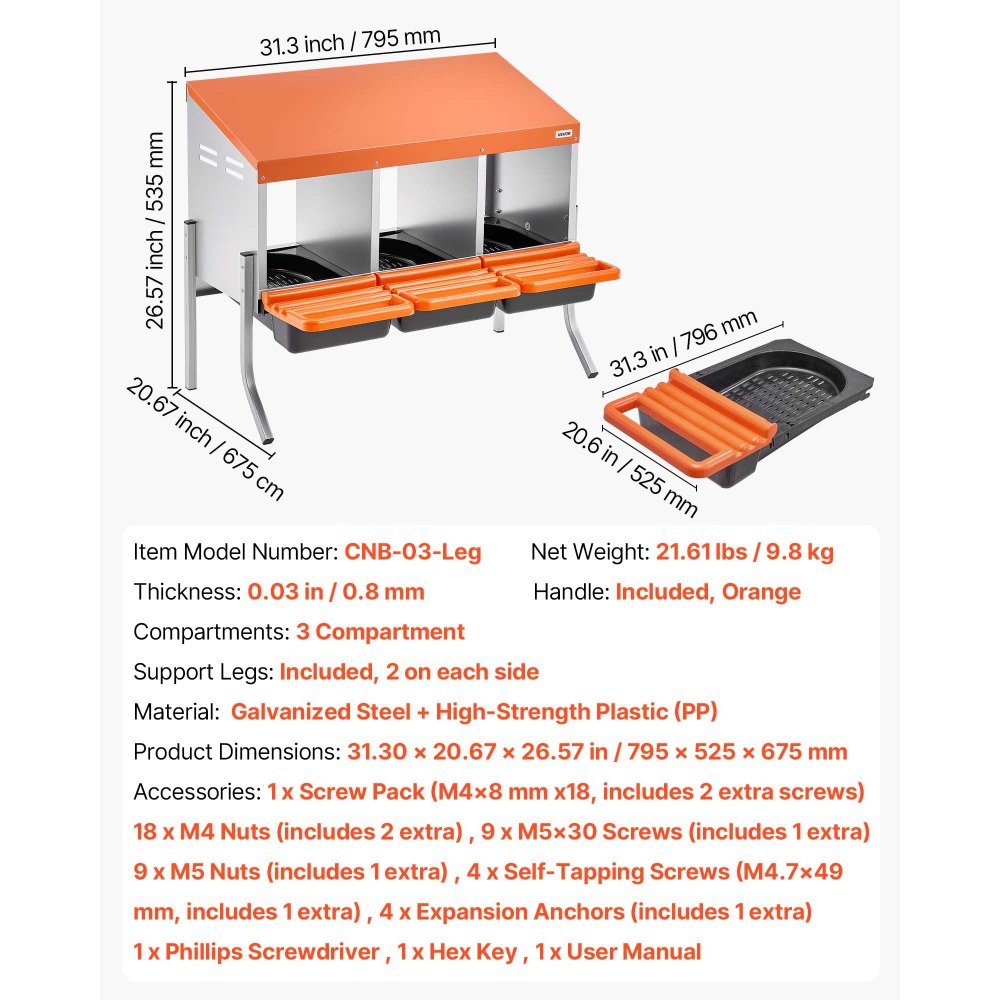 VEVOR Chicken Nesting Boxes, 3 Compartments, with Support Legs, Easy Egg Collection, Galvanized Steel and High-Strength Plastic, Roll Away Nesting Boxes for Chickens and Hens Laying Eggs, Orange