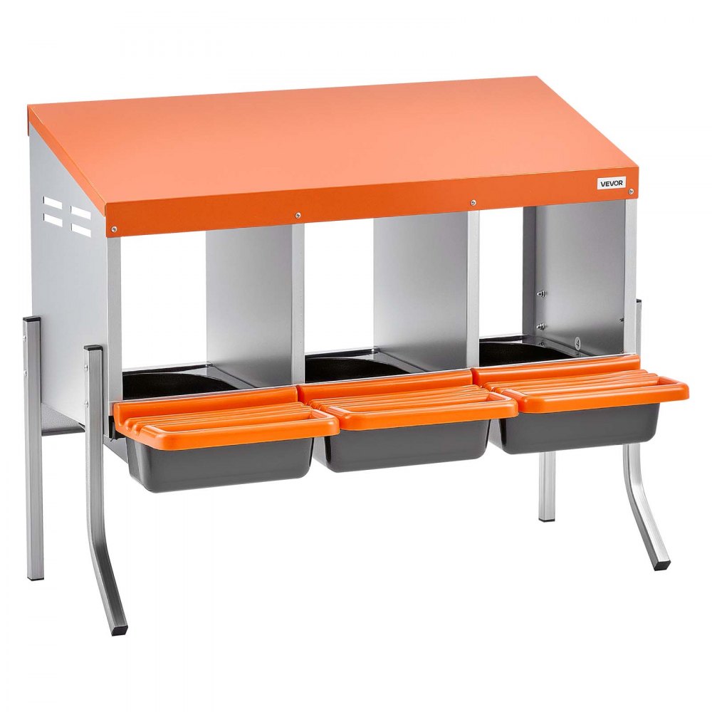 VEVOR Chicken Nesting Boxes, 3 Compartments, with Support Legs, Easy Egg Collection, Galvanized Steel and High-Strength Plastic, Roll Away Nesting Boxes for Chickens and Hens Laying Eggs, Orange