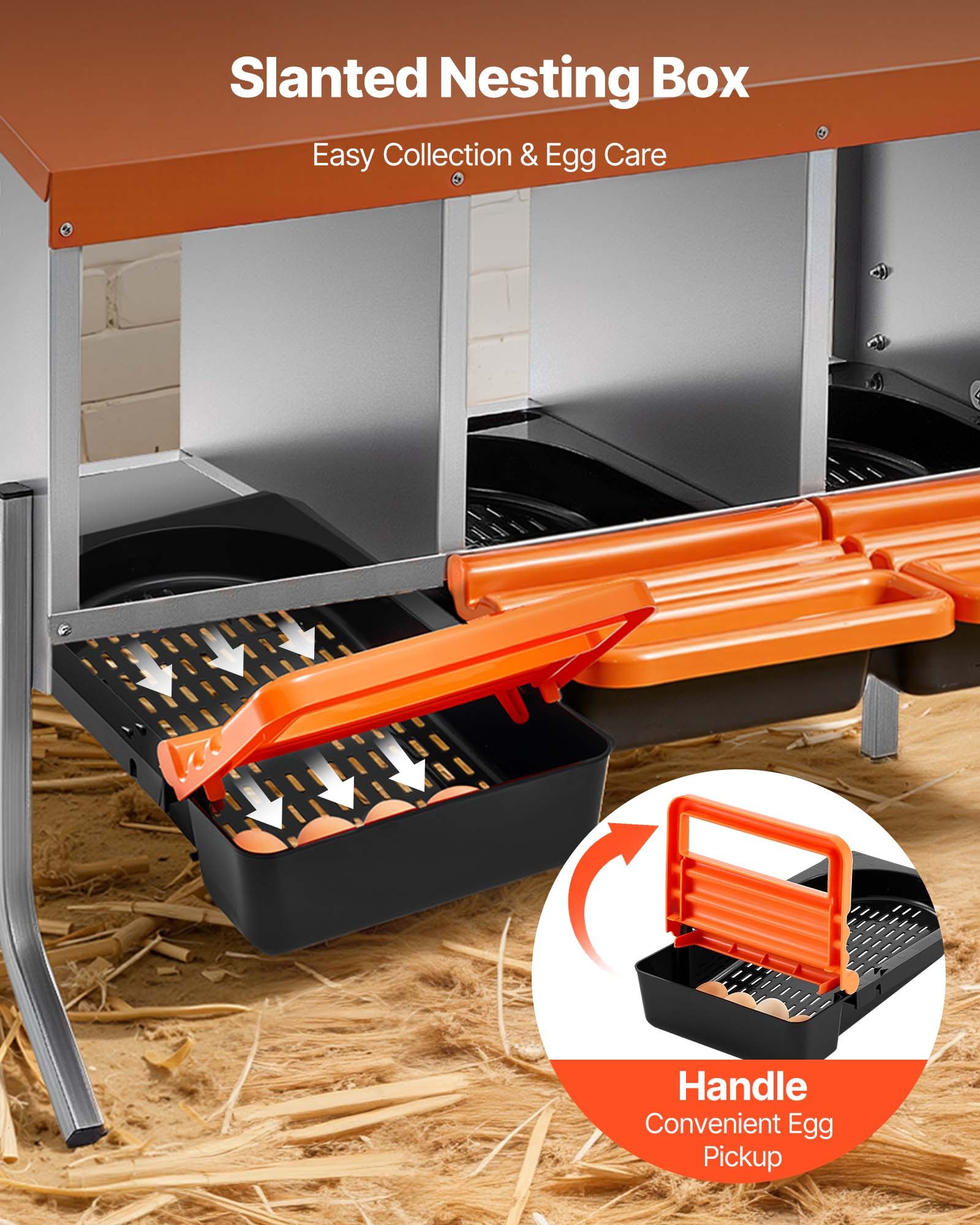 VEVOR Chicken Nesting Boxes, 3 Compartments, with Support Legs, Easy Egg Collection, Galvanized Steel and High-Strength Plastic, Roll Away Nesting Boxes for Chickens and Hens Laying Eggs, Orange