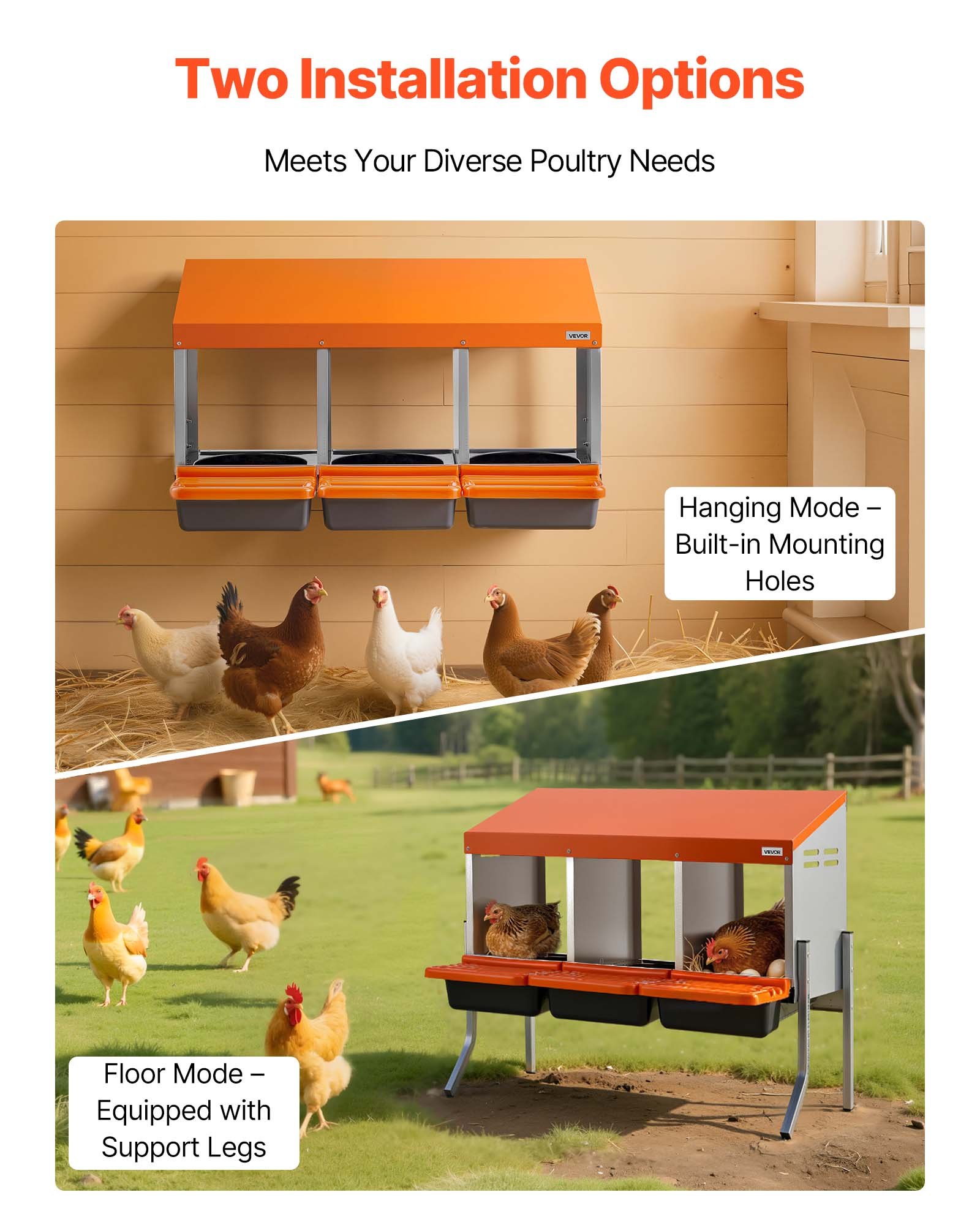 VEVOR Chicken Nesting Boxes, 3 Compartments, with Support Legs, Easy Egg Collection, Galvanized Steel and High-Strength Plastic, Roll Away Nesting Boxes for Chickens and Hens Laying Eggs, Orange