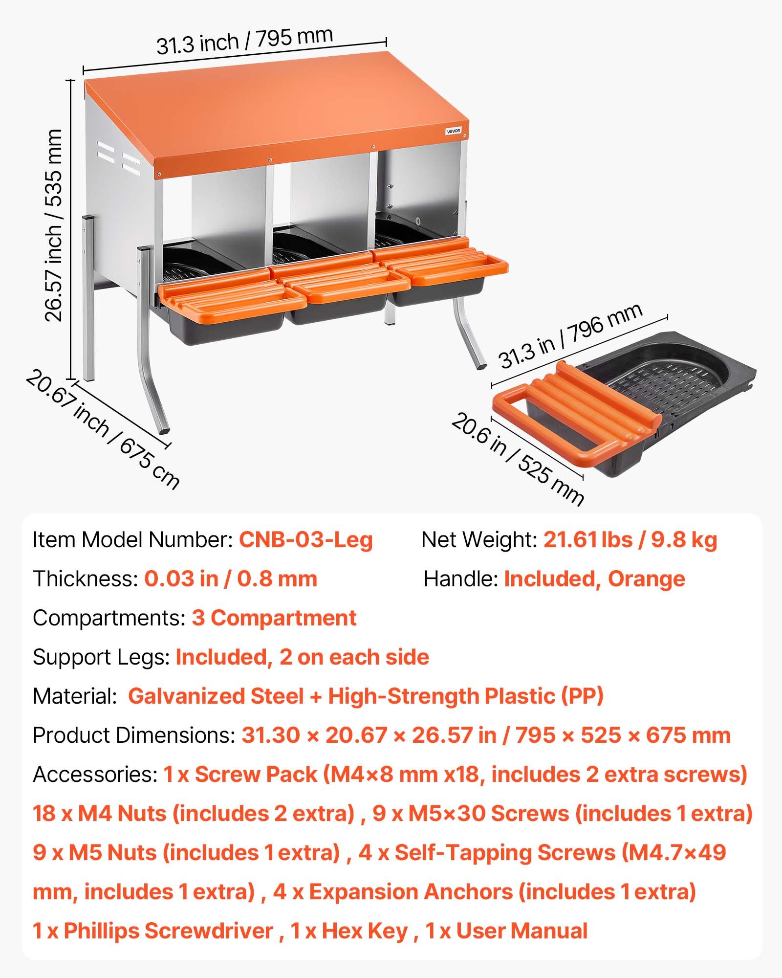 VEVOR Chicken Nesting Boxes, 3 Compartments, with Support Legs, Easy Egg Collection, Galvanized Steel and High-Strength Plastic, Roll Away Nesting Boxes for Chickens and Hens Laying Eggs, Orange