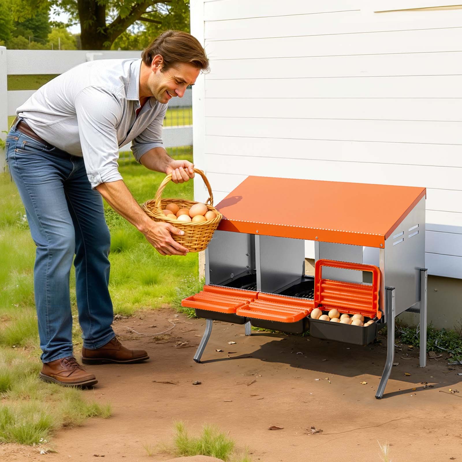 VEVOR Chicken Nesting Boxes, 3 Compartments, with Support Legs, Easy Egg Collection, Galvanized Steel and High-Strength Plastic, Roll Away Nesting Boxes for Chickens and Hens Laying Eggs, Orange