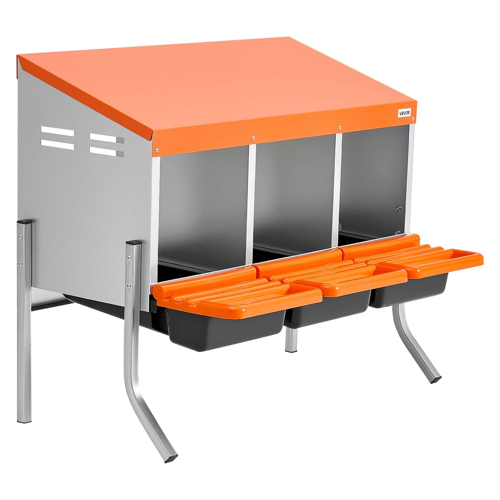 VEVOR Chicken Nesting Boxes, 3 Compartments, with Support Legs, Easy Egg Collection, Galvanized Steel and High-Strength Plastic, Roll Away Nesting Boxes for Chickens and Hens Laying Eggs, Orange