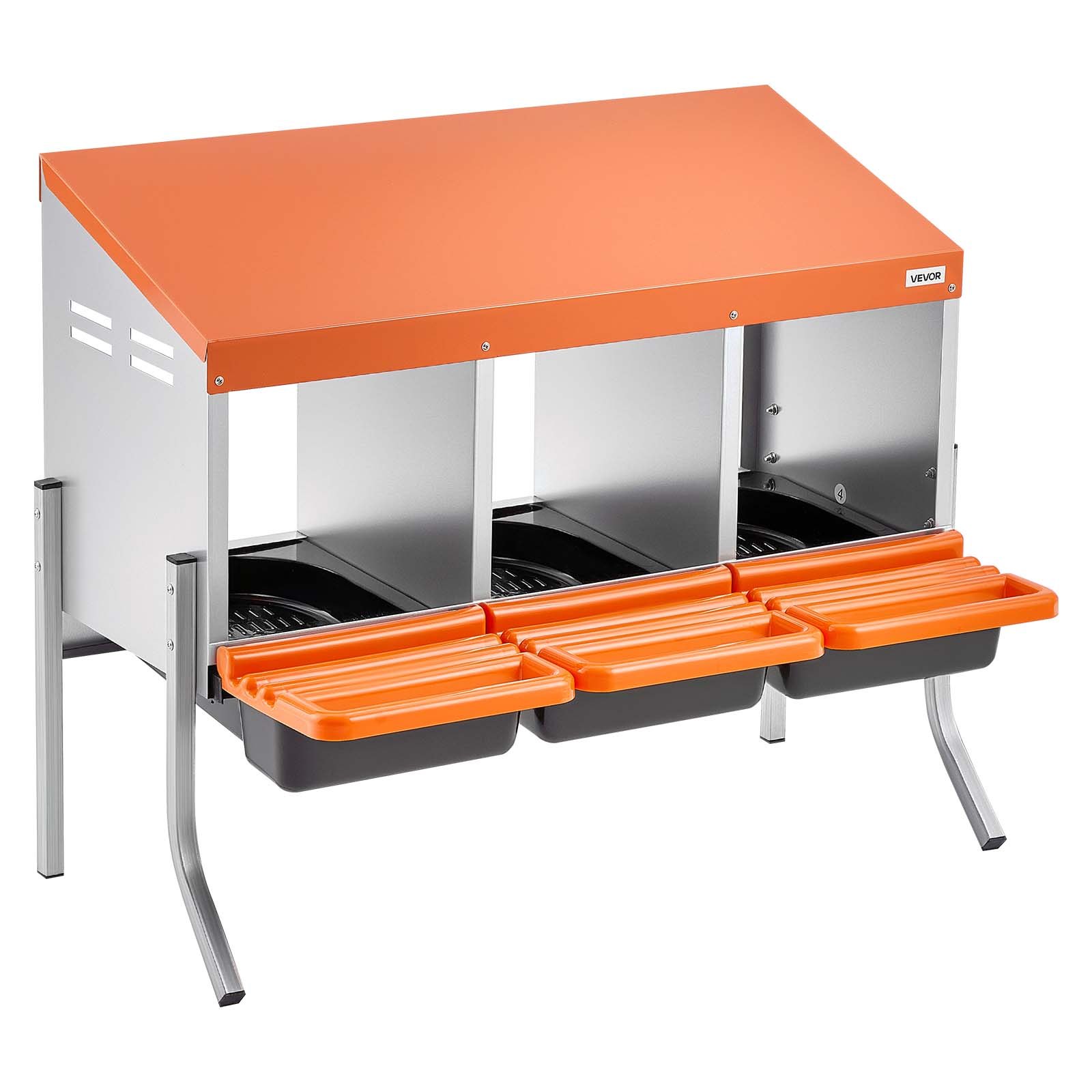 VEVOR Chicken Nesting Boxes, 3 Compartments, with Support Legs, Easy Egg Collection, Galvanized Steel and High-Strength Plastic, Roll Away Nesting Boxes for Chickens and Hens Laying Eggs, Orange