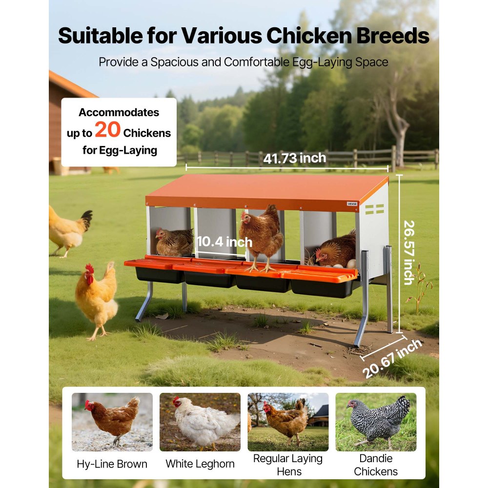 VEVOR Chicken Nesting Boxes, 4 Compartments, with Support Legs, Easy Egg Collection, Galvanized Steel and High-Strength Plastic, Roll Away Nesting Boxes for Chickens and Hens Laying Eggs, Orange
