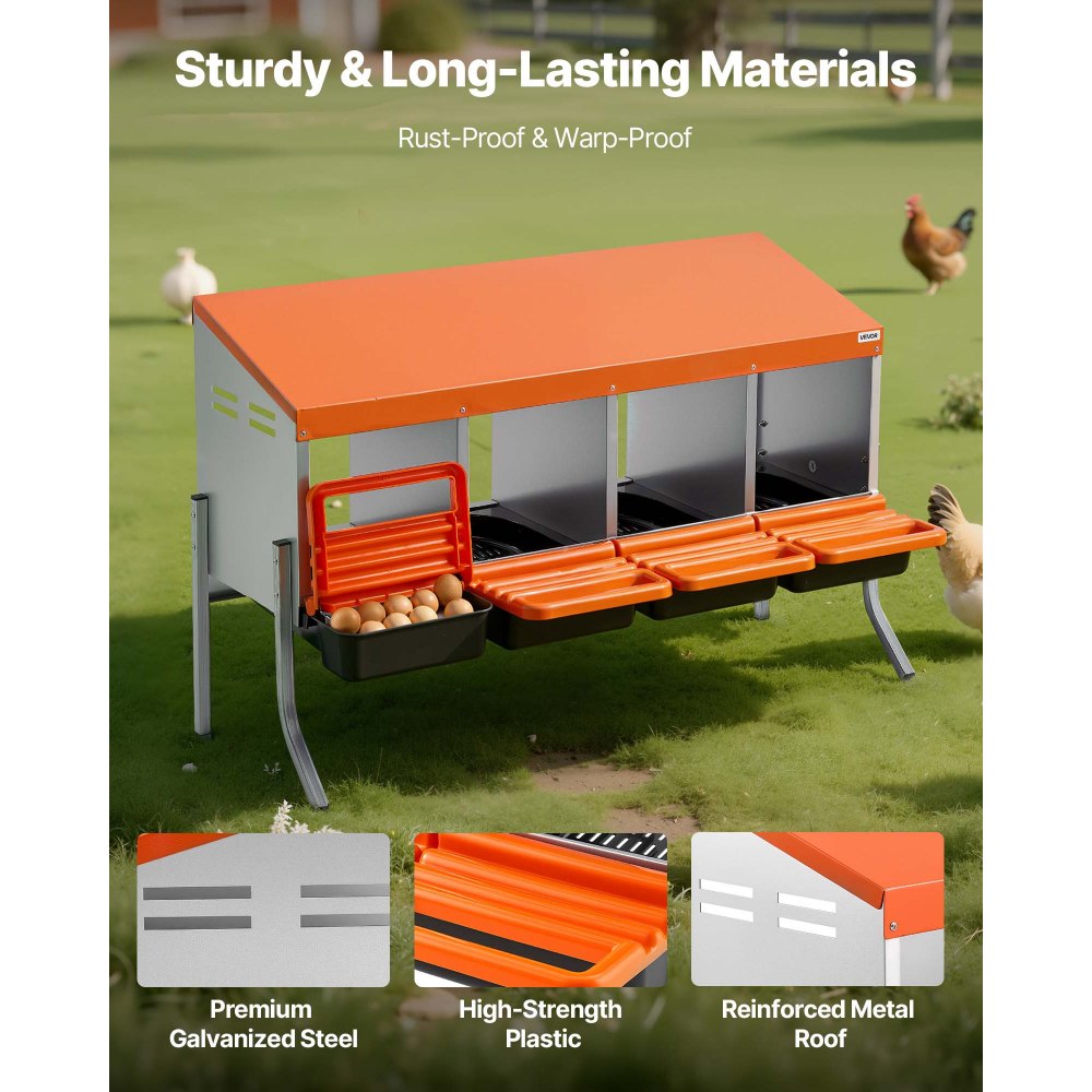 VEVOR Chicken Nesting Boxes, 4 Compartments, with Support Legs, Easy Egg Collection, Galvanized Steel and High-Strength Plastic, Roll Away Nesting Boxes for Chickens and Hens Laying Eggs, Orange