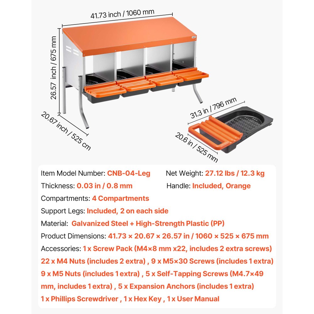 VEVOR Chicken Nesting Boxes, 4 Compartments, with Support Legs, Easy Egg Collection, Galvanized Steel and High-Strength Plastic, Roll Away Nesting Boxes for Chickens and Hens Laying Eggs, Orange