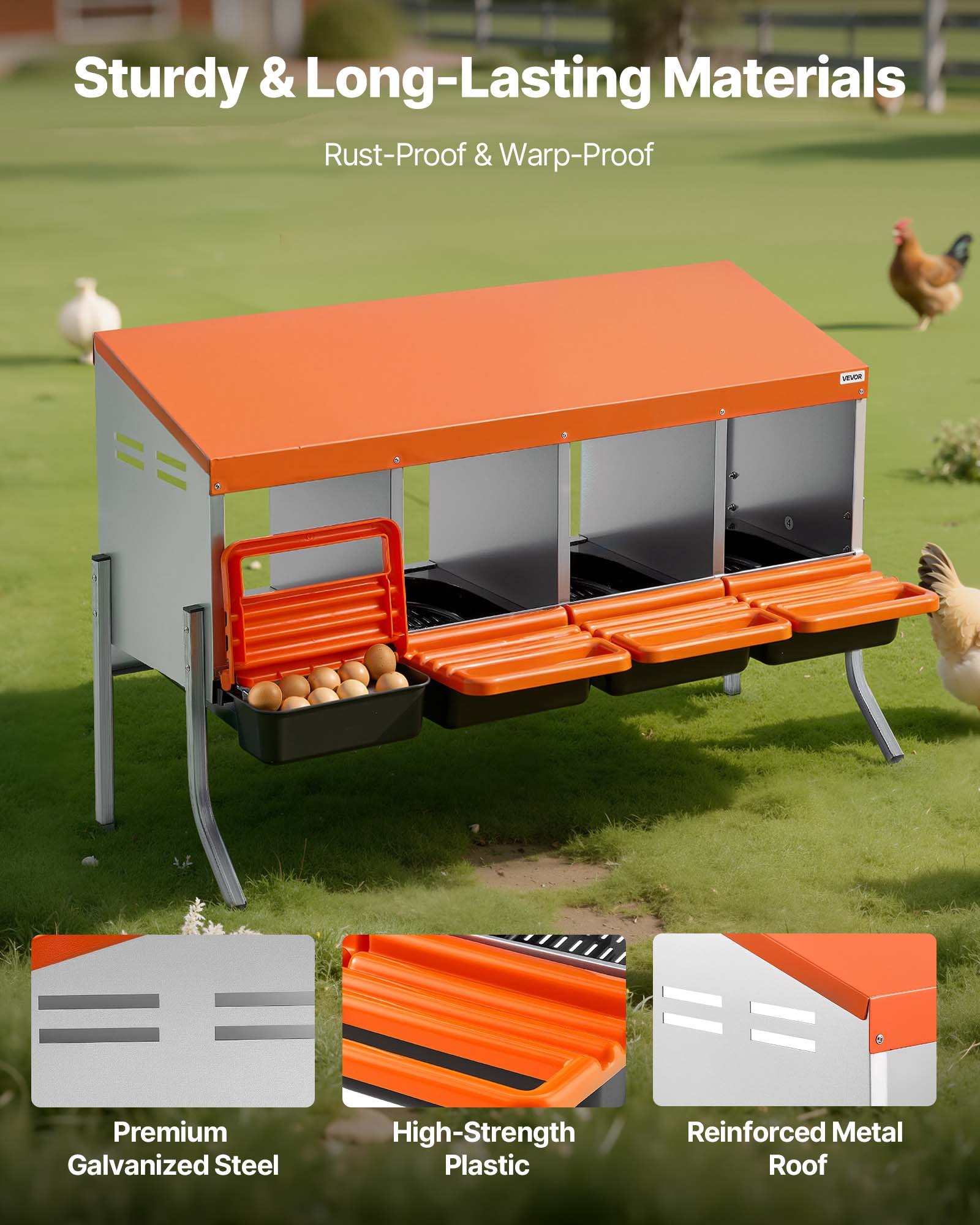 VEVOR Chicken Nesting Boxes, 4 Compartments, with Support Legs, Easy Egg Collection, Galvanized Steel and High-Strength Plastic, Roll Away Nesting Boxes for Chickens and Hens Laying Eggs, Orange