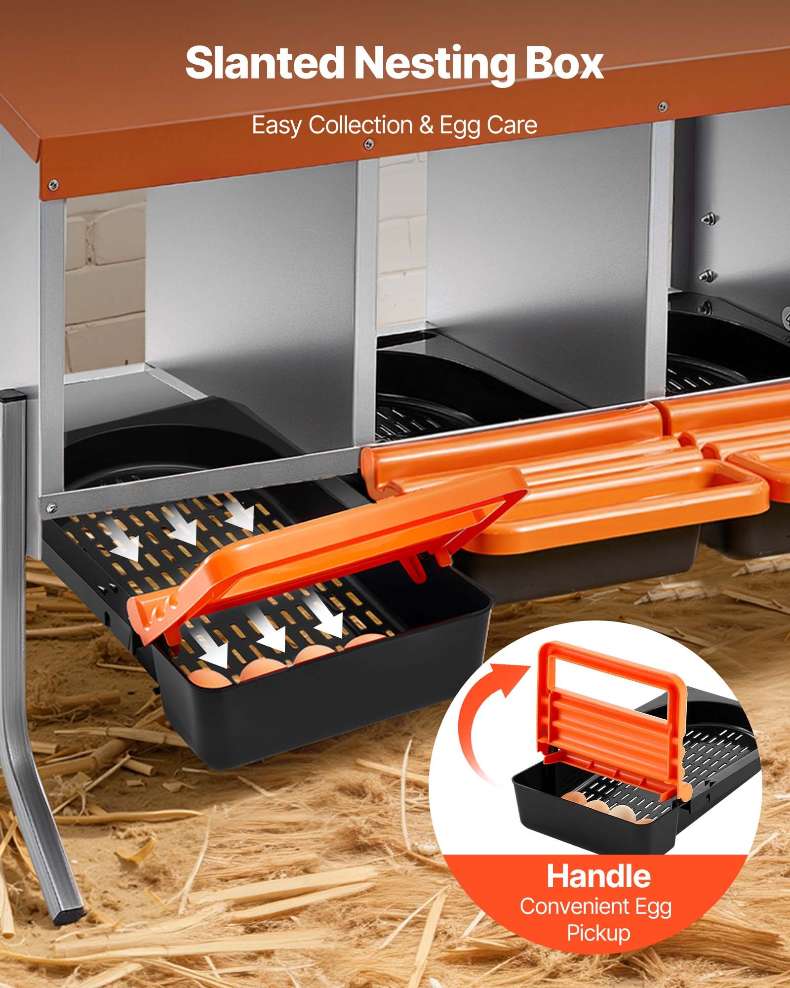 VEVOR Chicken Nesting Boxes, 4 Compartments, with Support Legs, Easy Egg Collection, Galvanized Steel and High-Strength Plastic, Roll Away Nesting Boxes for Chickens and Hens Laying Eggs, Orange