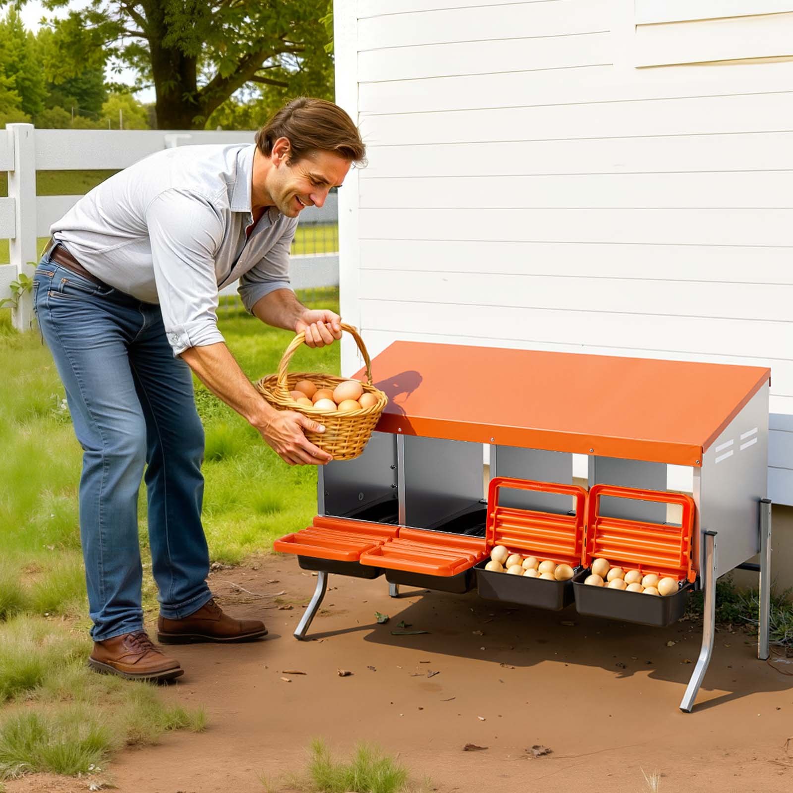 VEVOR Chicken Nesting Boxes, 4 Compartments, with Support Legs, Easy Egg Collection, Galvanized Steel and High-Strength Plastic, Roll Away Nesting Boxes for Chickens and Hens Laying Eggs, Orange