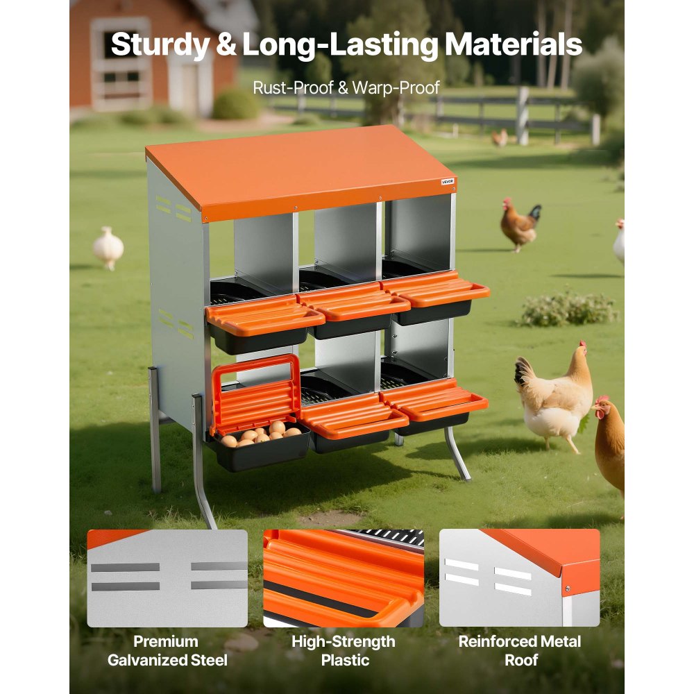 VEVOR Chicken Nesting Boxes, 6 Compartments, with Support Legs, Easy Egg Collection, Galvanized Steel and High-Strength Plastic, Roll Away Nesting Boxes for Chickens and Hens Laying Eggs, Orange