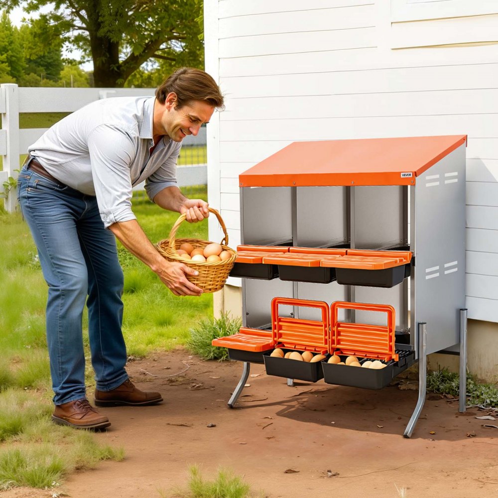 VEVOR Chicken Nesting Boxes, 6 Compartments, with Support Legs, Easy Egg Collection, Galvanized Steel and High-Strength Plastic, Roll Away Nesting Boxes for Chickens and Hens Laying Eggs, Orange