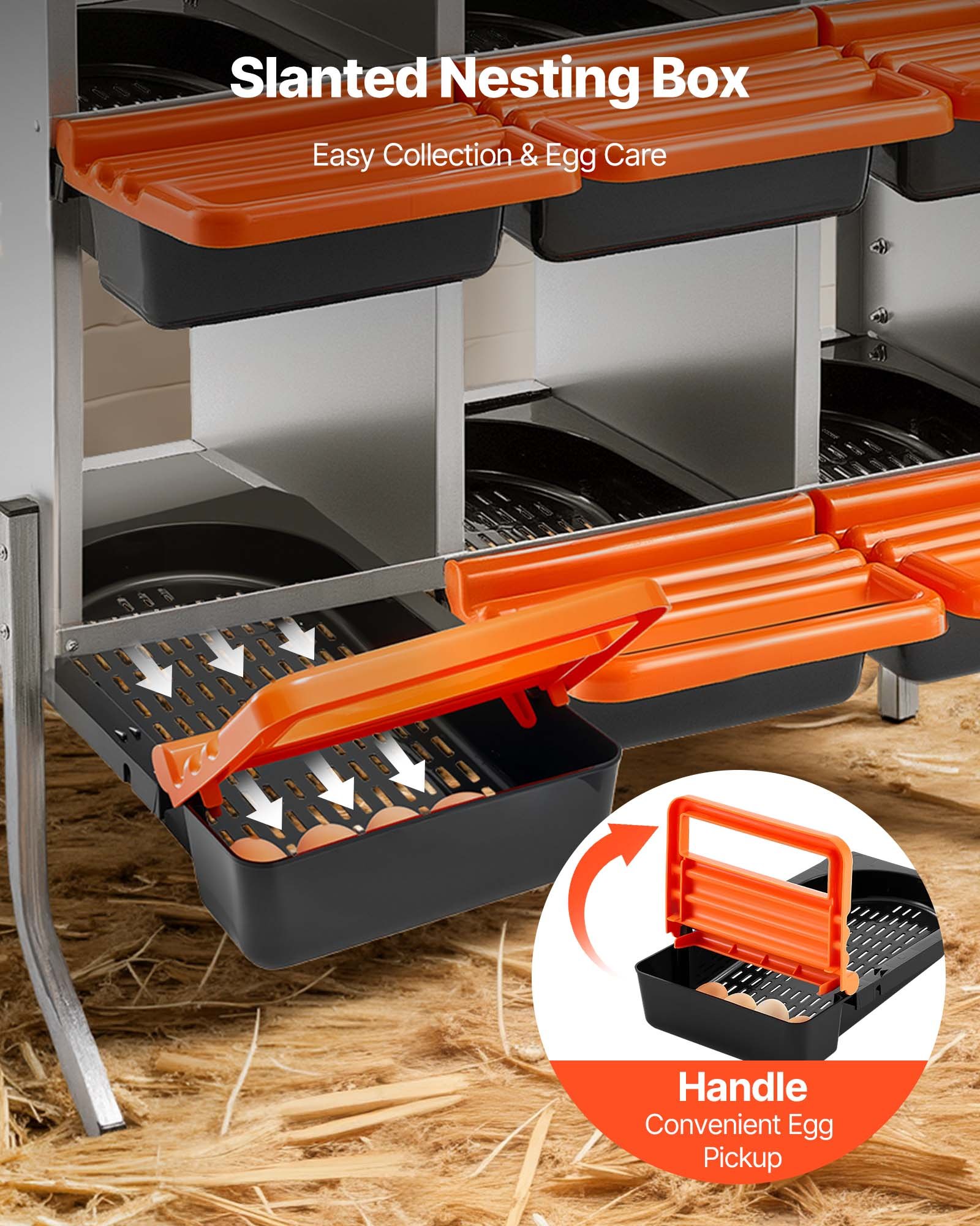 VEVOR Chicken Nesting Boxes, 6 Compartments, with Support Legs, Easy Egg Collection, Galvanized Steel and High-Strength Plastic, Roll Away Nesting Boxes for Chickens and Hens Laying Eggs, Orange