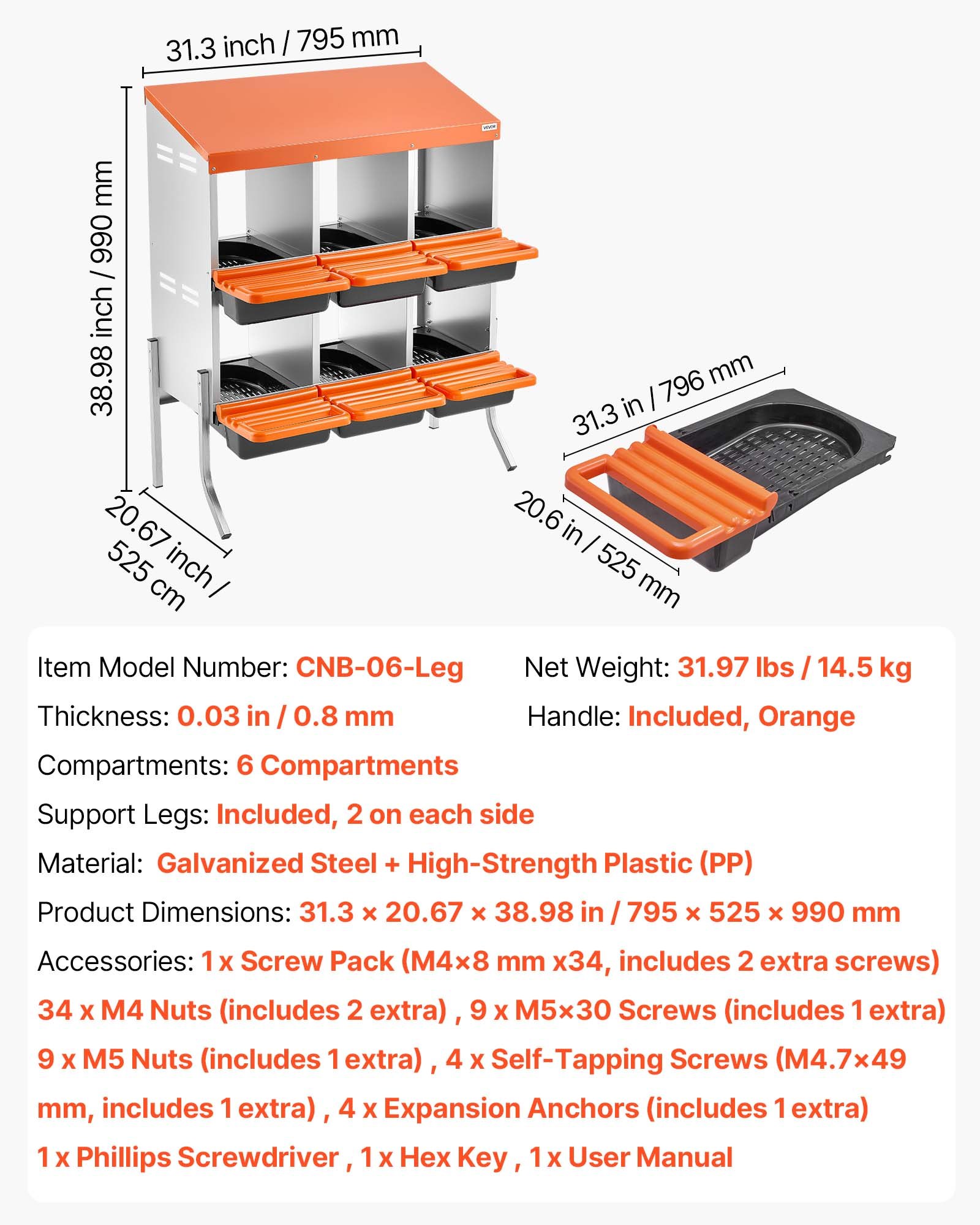 VEVOR Chicken Nesting Boxes, 6 Compartments, with Support Legs, Easy Egg Collection, Galvanized Steel and High-Strength Plastic, Roll Away Nesting Boxes for Chickens and Hens Laying Eggs, Orange