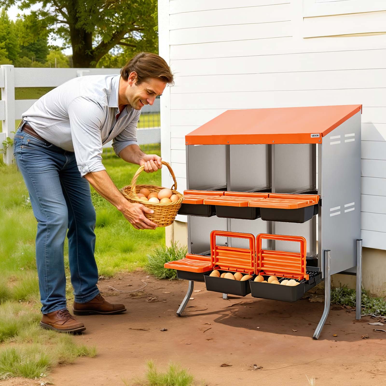 VEVOR Chicken Nesting Boxes, 6 Compartments, with Support Legs, Easy Egg Collection, Galvanized Steel and High-Strength Plastic, Roll Away Nesting Boxes for Chickens and Hens Laying Eggs, Orange