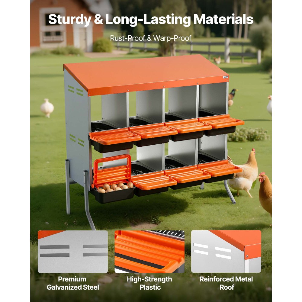 VEVOR Chicken Nesting Boxes, 8 Compartments, with Support Legs, Easy Egg Collection, Galvanized Steel and High-Strength Plastic, Roll Away Nesting Boxes for Chickens and Hens Laying Eggs, Orange