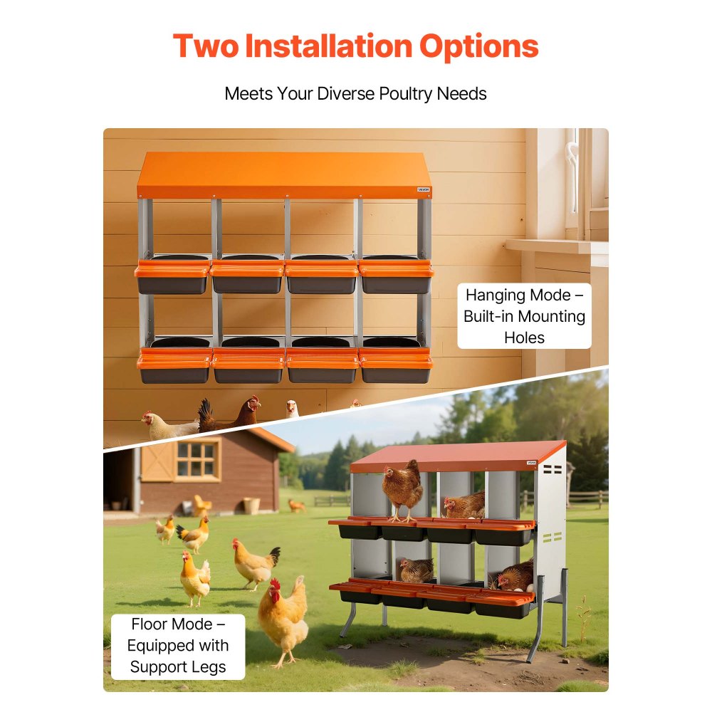 VEVOR Chicken Nesting Boxes, 8 Compartments, with Support Legs, Easy Egg Collection, Galvanized Steel and High-Strength Plastic, Roll Away Nesting Boxes for Chickens and Hens Laying Eggs, Orange