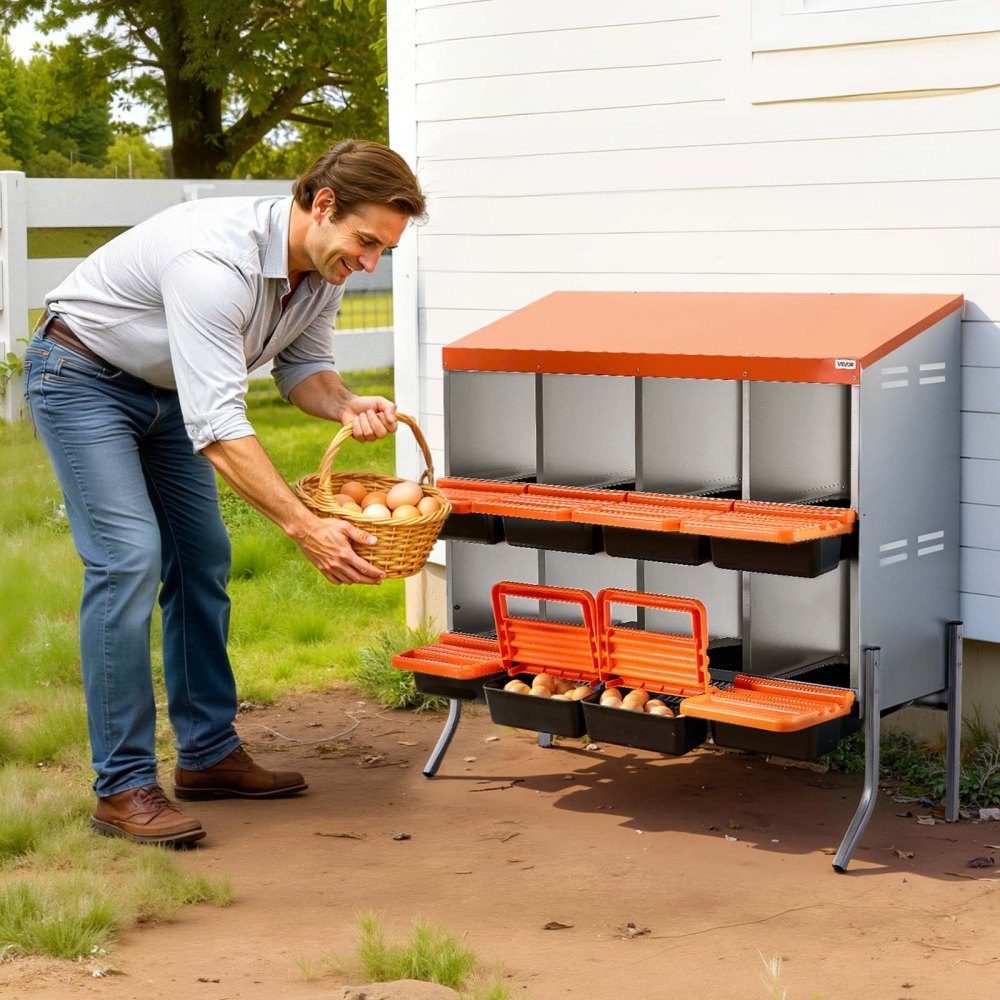 VEVOR Chicken Nesting Boxes, 8 Compartments, with Support Legs, Easy Egg Collection, Galvanized Steel and High-Strength Plastic, Roll Away Nesting Boxes for Chickens and Hens Laying Eggs, Orange