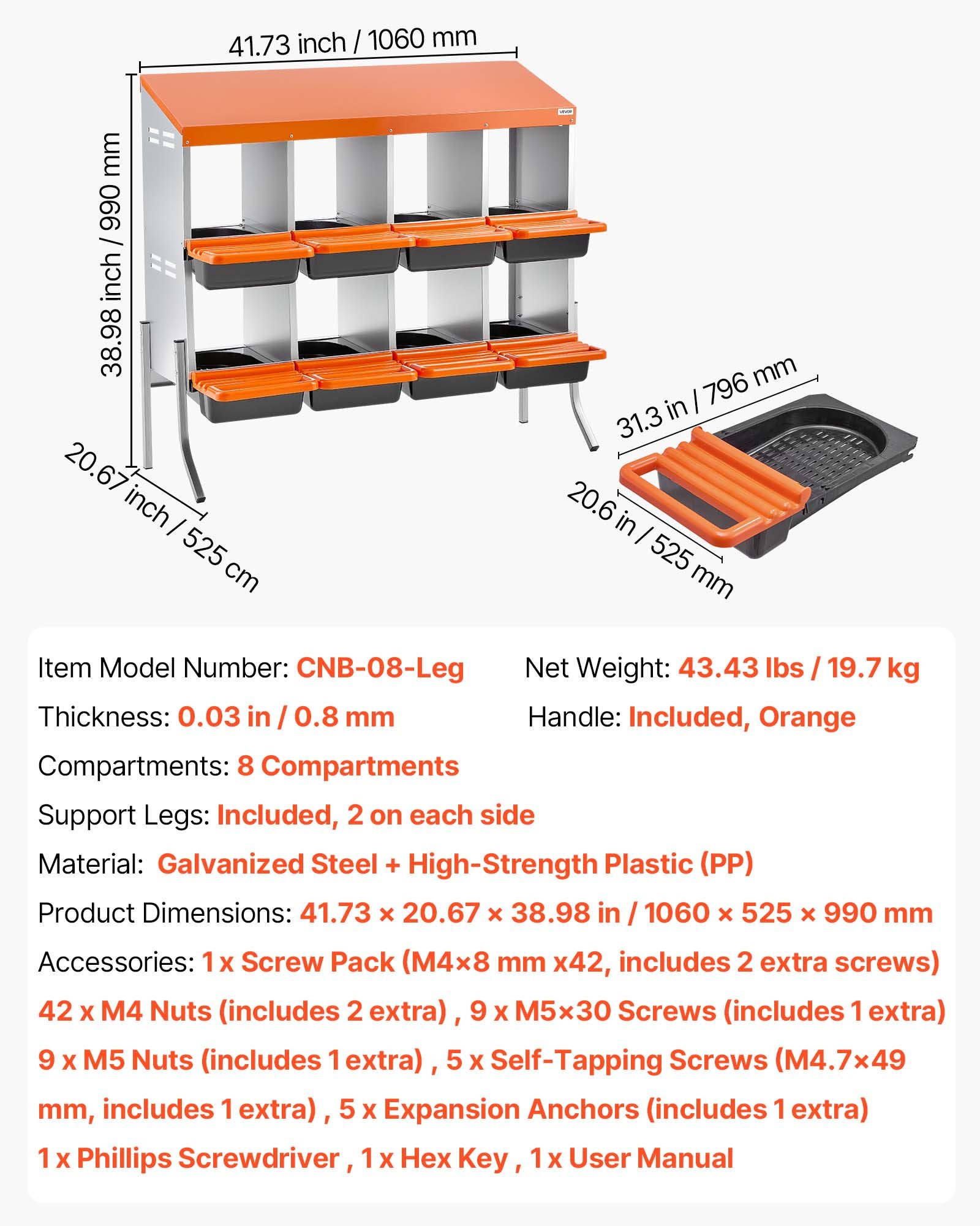 VEVOR Chicken Nesting Boxes, 8 Compartments, with Support Legs, Easy Egg Collection, Galvanized Steel and High-Strength Plastic, Roll Away Nesting Boxes for Chickens and Hens Laying Eggs, Orange