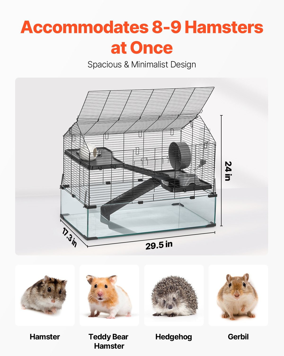 VEVOR Hamster Cage, 360° Viewing Transparent Hamster Habitats, Small Animal Cage, 29.5 x 17.3 x 24 in, Ventilated Pet Mouse Cages with Water Bottle, Portable Hamster House for Rats, Guinea Pigs