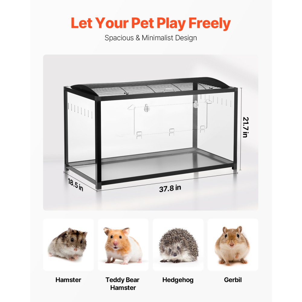 VEVOR Hamster Cage, 360° Viewing Transparent Hamster Habitats, Small Animal Cage, 37.8 x 18.5 x 21.7 in, Ventilated Pet Mouse Cages with Front Door, Portable Hamster House for Rats, Guinea Pigs