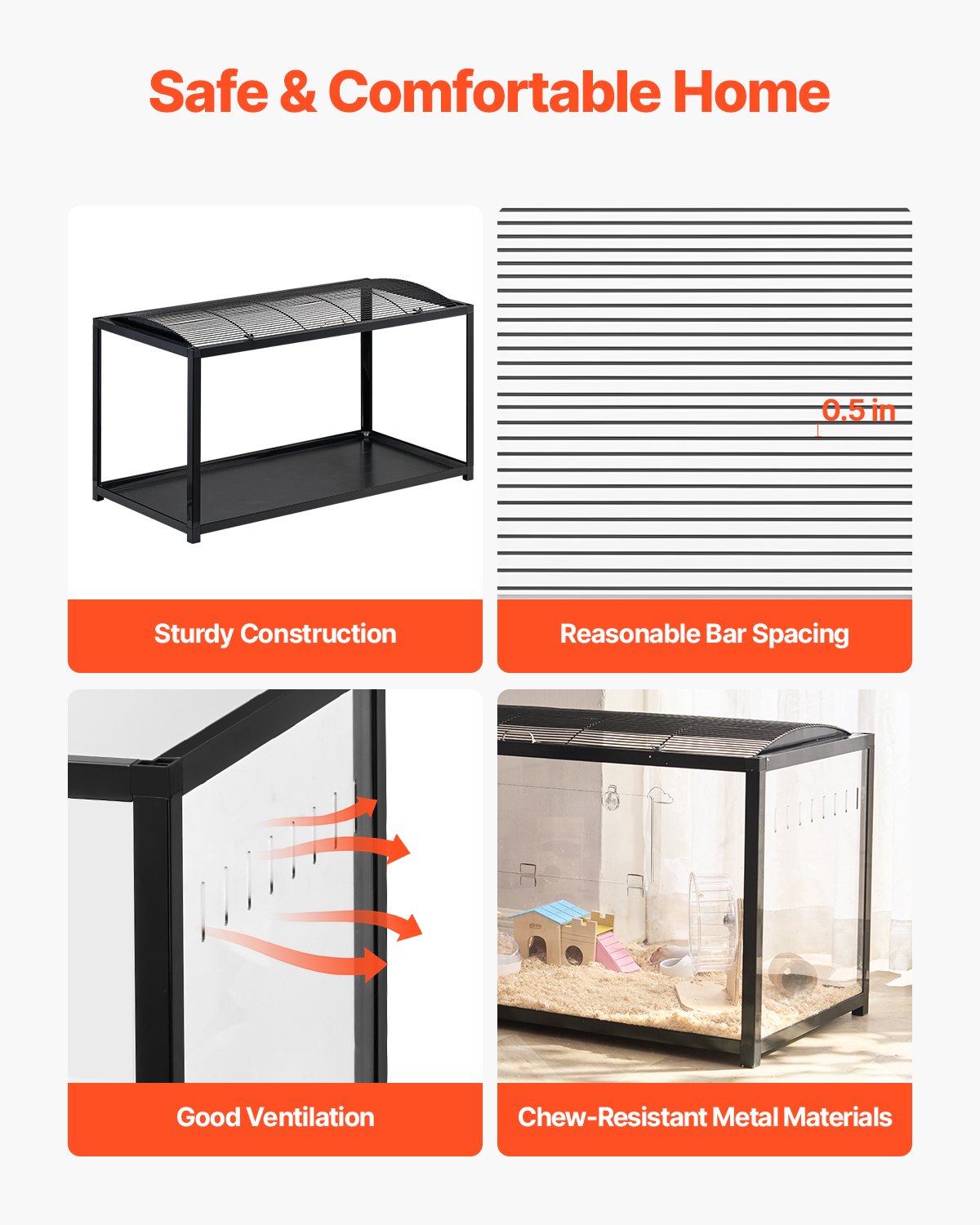 VEVOR Hamster Cage, 360° Viewing Transparent Hamster Habitats, Small Animal Cage, 37.8 x 18.5 x 21.7 in, Ventilated Pet Mouse Cages with Front Door, Portable Hamster House for Rats, Guinea Pigs