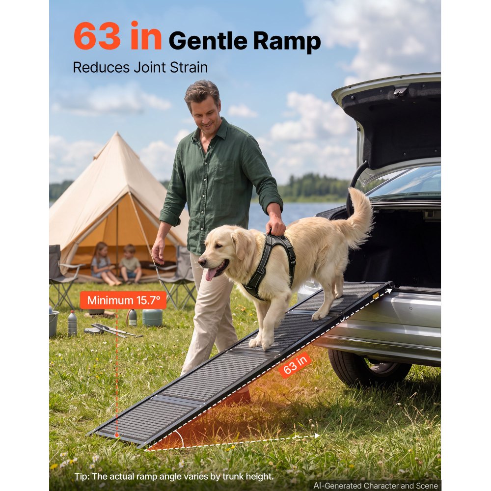 VEVOR Dog Ramp for Car 160 x 43.2 cm Foldable Pet Ramp with Felt Surface, for SUV Car Truck Outdoor, 113.4 kg Capacity, Extra Long and Wide Gentler Climb, Non-Slip Portable for Medium & Large Dogs