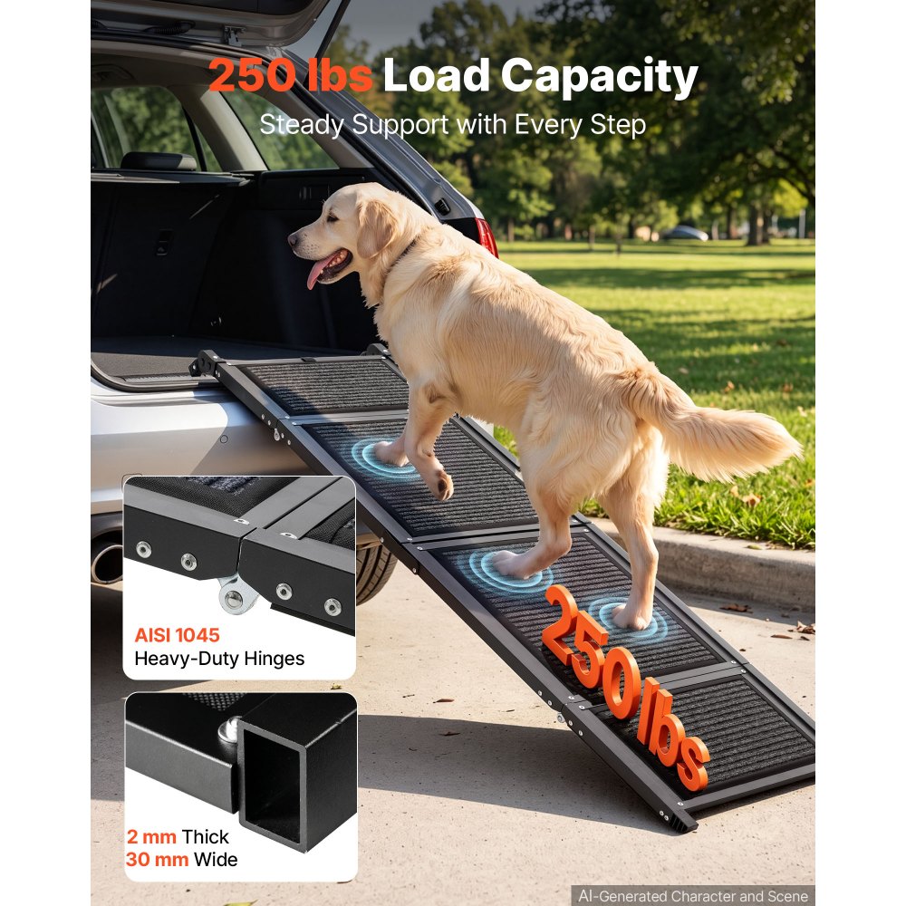VEVOR Dog Ramp for Car 160 x 43.2 cm Foldable Pet Ramp with Felt Surface, for SUV Car Truck Outdoor, 113.4 kg Capacity, Extra Long and Wide Gentler Climb, Non-Slip Portable for Medium & Large Dogs