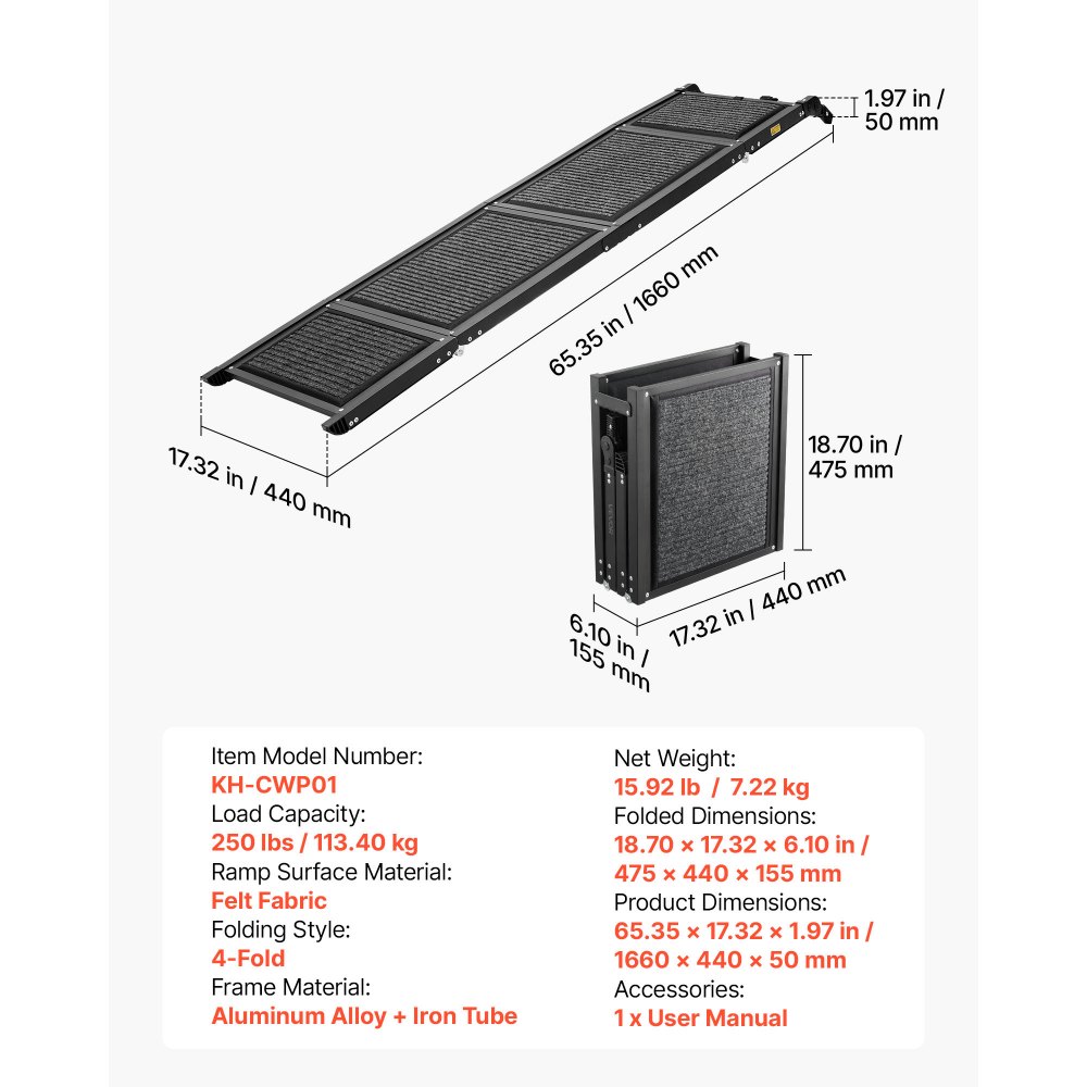 VEVOR Dog Ramp for Car 160 x 43.2 cm Foldable Pet Ramp with Felt Surface, for SUV Car Truck Outdoor, 113.4 kg Capacity, Extra Long and Wide Gentler Climb, Non-Slip Portable for Medium & Large Dogs