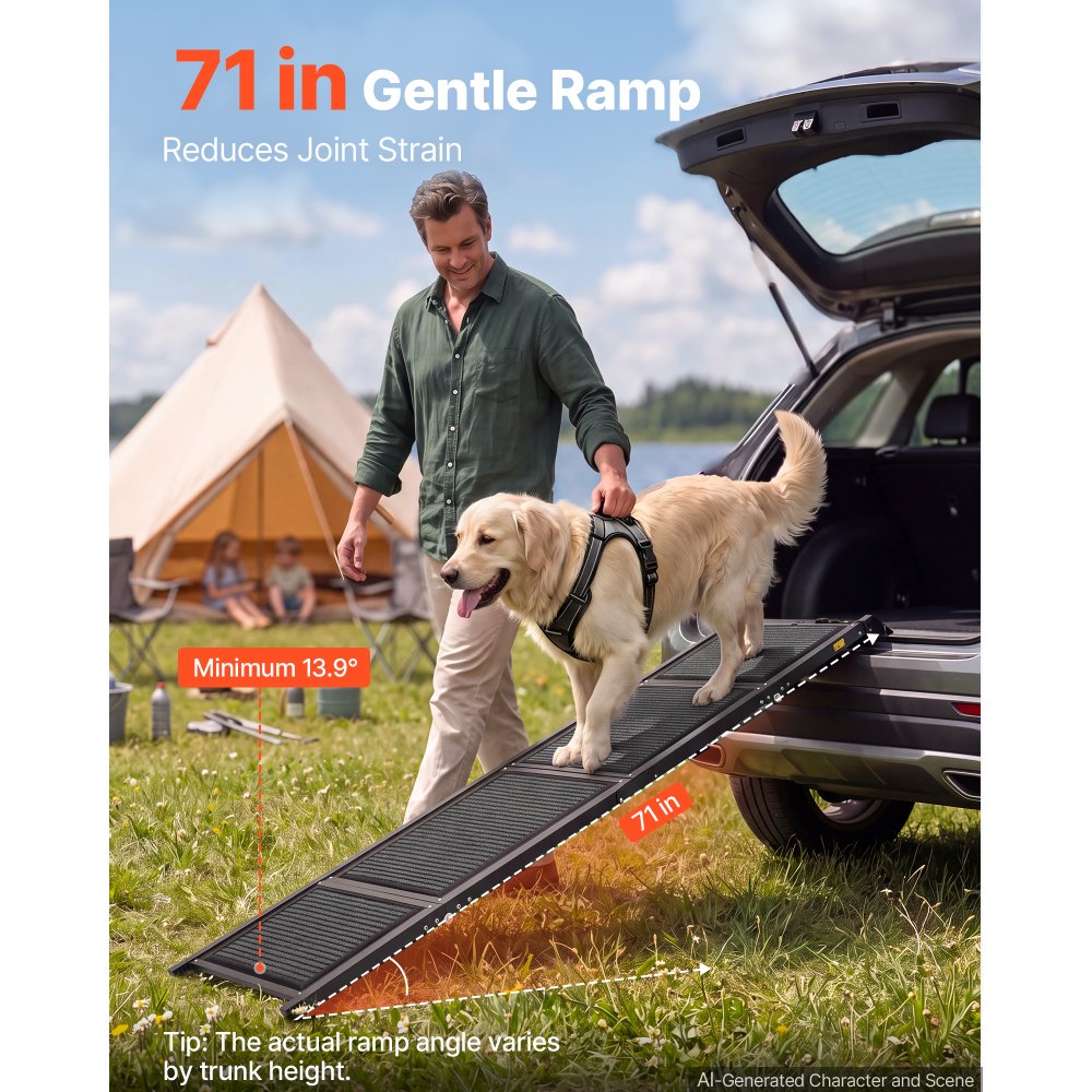 VEVOR Dog Ramp for Car 180 x 43.2 cm Foldable Pet Ramp with Felt Surface, for SUV Car Truck Outdoor, 113.4 kg Capacity, Extra Long and Wide Gentler Climb, Non-Slip Portable for Medium & Large Dogs