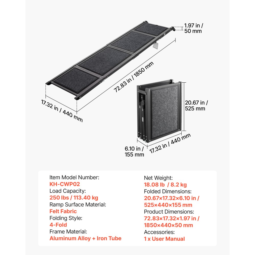 VEVOR Dog Ramp for Car 180 x 43.2 cm Foldable Pet Ramp with Felt Surface, for SUV Car Truck Outdoor, 113.4 kg Capacity, Extra Long and Wide Gentler Climb, Non-Slip Portable for Medium & Large Dogs
