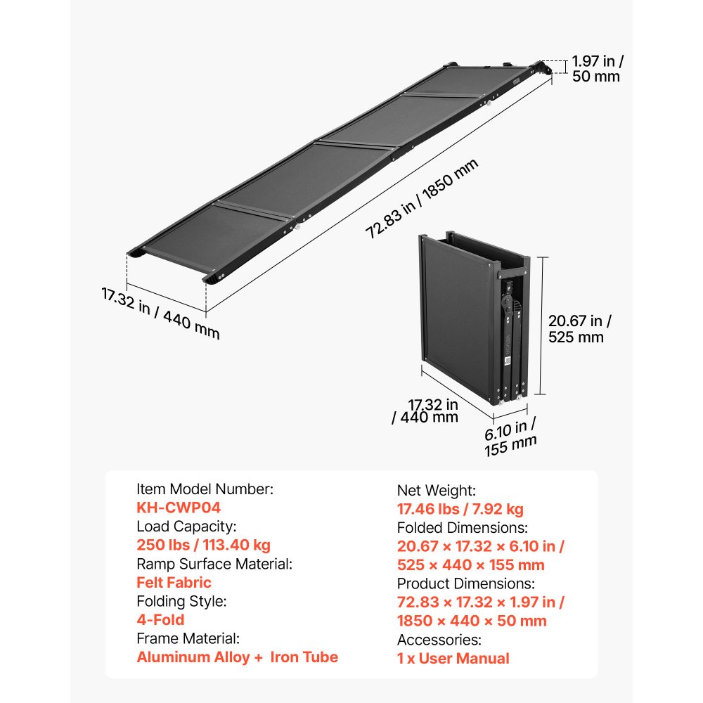 VEVOR Dog Ramp for Car 180 x 43.2 cm Foldable Pet Ramp Sandpaper Surface, for SUV Car Truck Outdoor, 113.4 kg Capacity, Extra Long and Wide Gentler Climb, Non-Slip Portable for Medium & Large Dogs