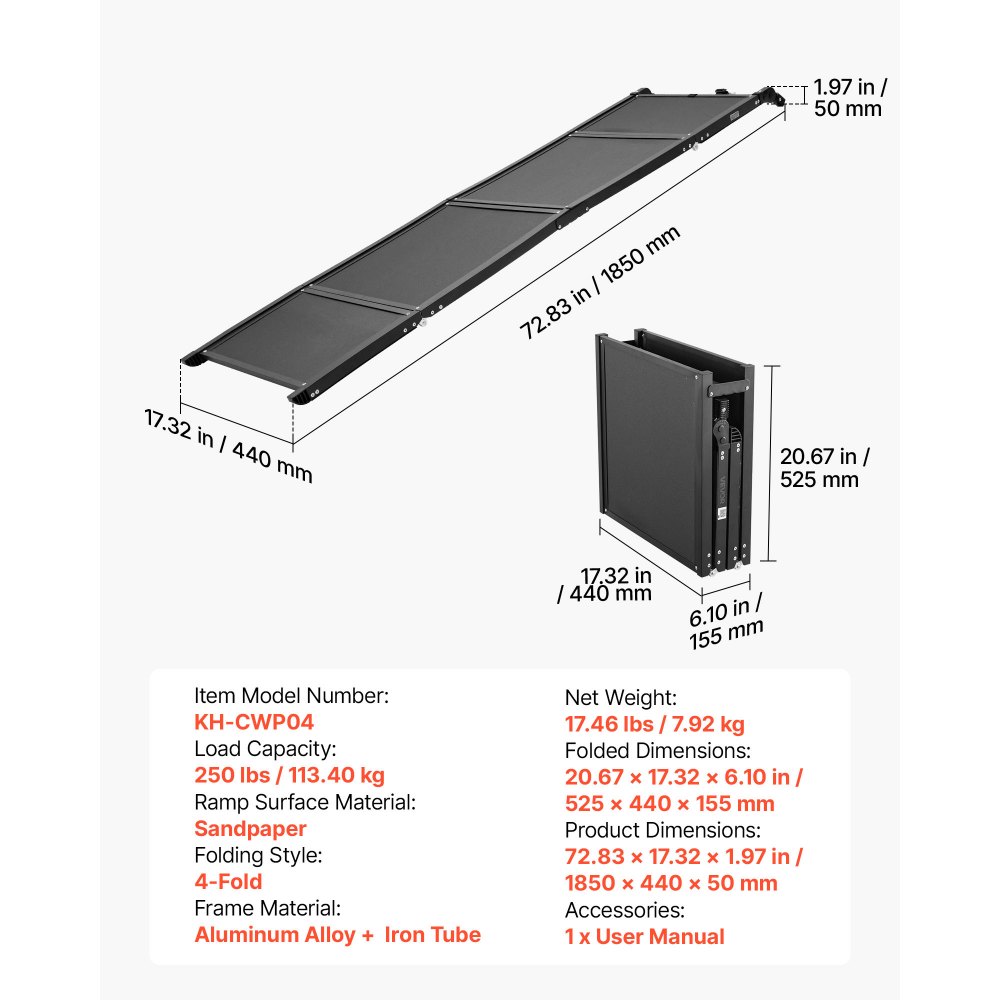 VEVOR Dog Ramp for Car 180 x 43.2 cm Foldable Pet Ramp Sandpaper Surface, for SUV Car Truck Outdoor, 113.4 kg Capacity, Extra Long and Wide Gentler Climb, Non-Slip Portable for Medium & Large Dogs