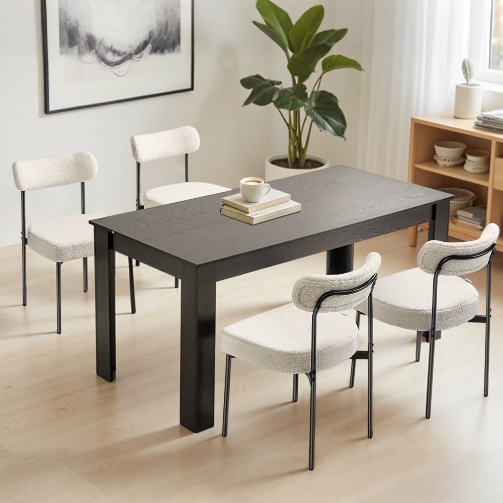 VEVOR Boucle Dining Chairs Set of 2, Mid Century Modern Sherpa Accent Chairs, Upholstered Side Chair for Dining Table, Space-Saving White Kitchen Table Chair with Curved Backrest and Black Metal Legs