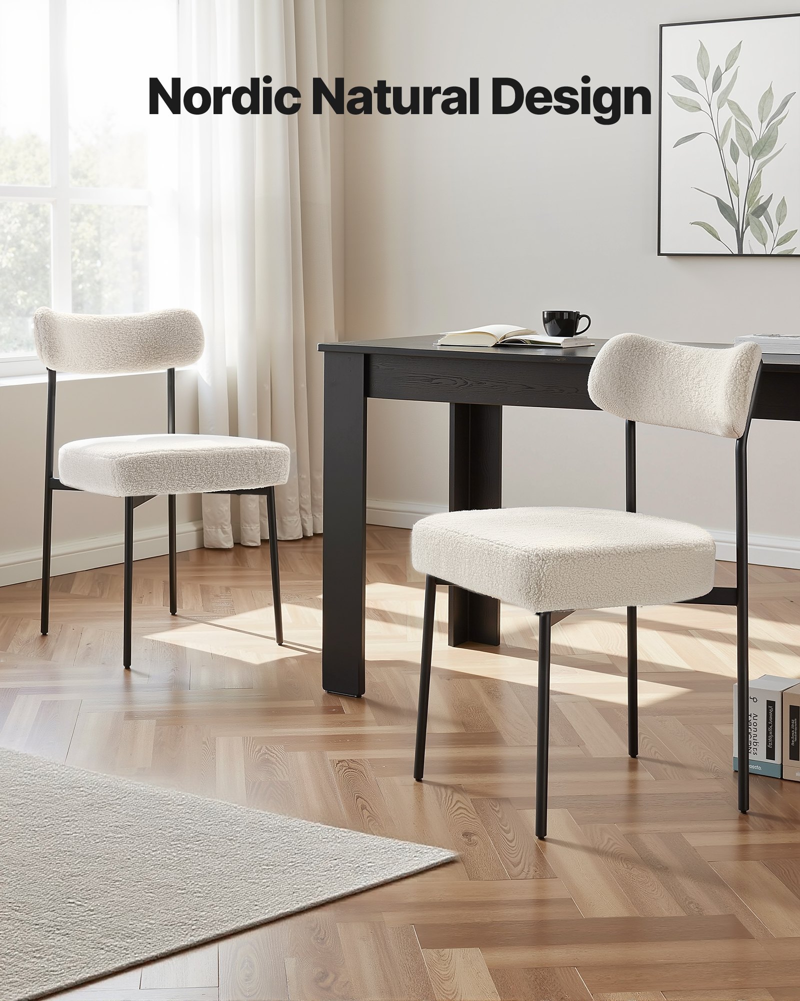 VEVOR Boucle Dining Chairs Set of 2, Mid Century Modern Sherpa Accent Chairs, Upholstered Side Chair for Dining Table, Space-Saving White Kitchen Table Chair with Curved Backrest and Black Metal Legs