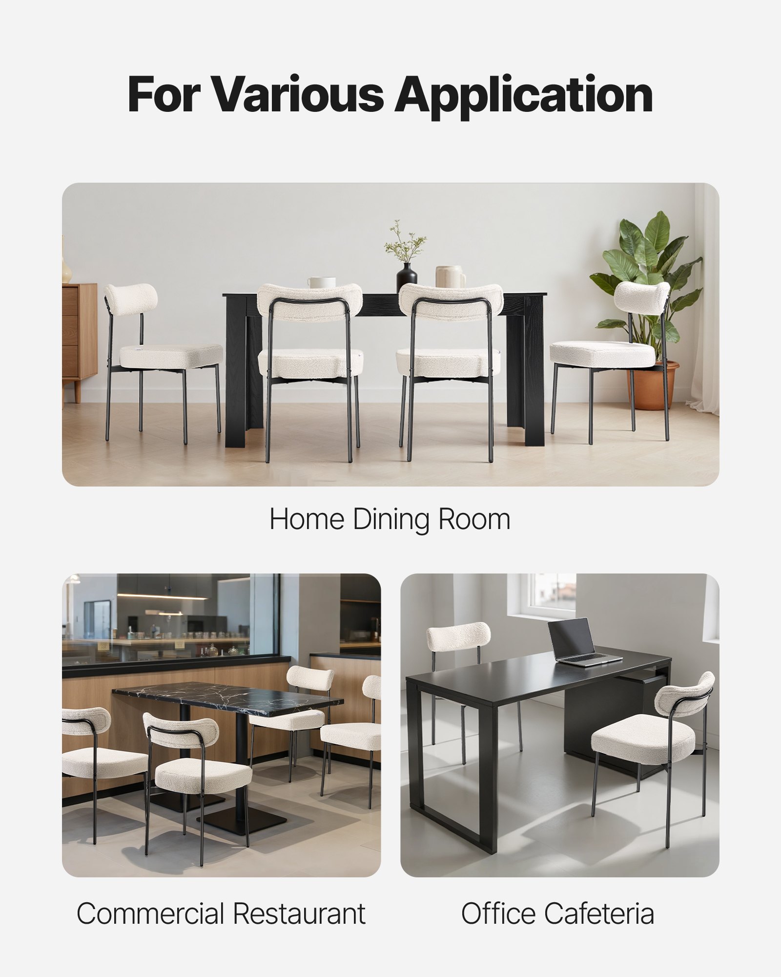 VEVOR Boucle Dining Chairs Set of 2, Mid Century Modern Sherpa Accent Chairs, Upholstered Side Chair for Dining Table, Space-Saving White Kitchen Table Chair with Curved Backrest and Black Metal Legs