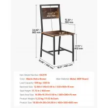 Set of 2 Wooden Dining Chairs Farmhouse Kitchen Chair Metal Frame Backrest Brown