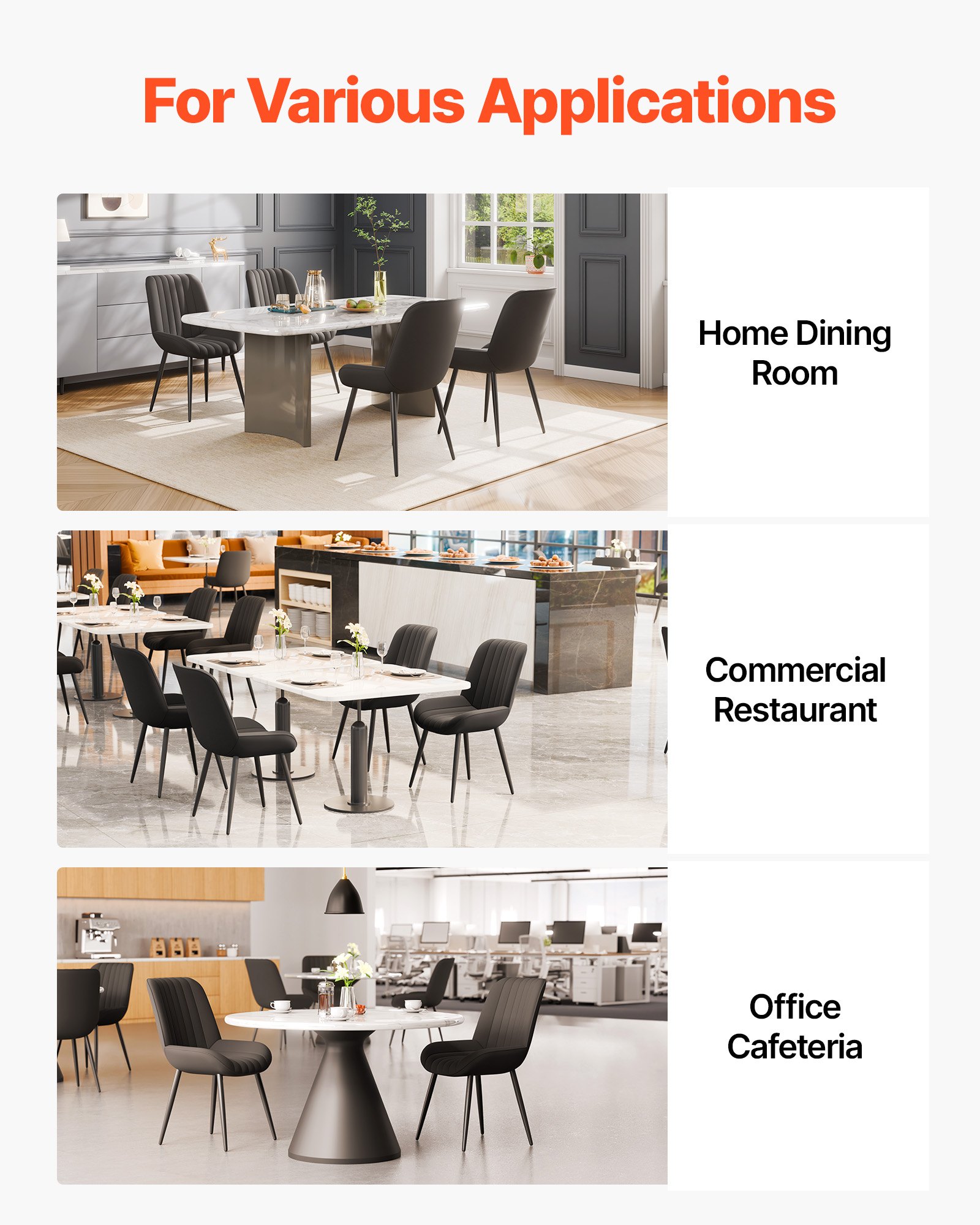 VEVOR Modern Dining Room Accent Chairs Set of 4, Upholstered Fabric Side Chair for Dining Tables, Space-Saving Kitchen Table Chair with Thick Cushions and Metal Legs, Black