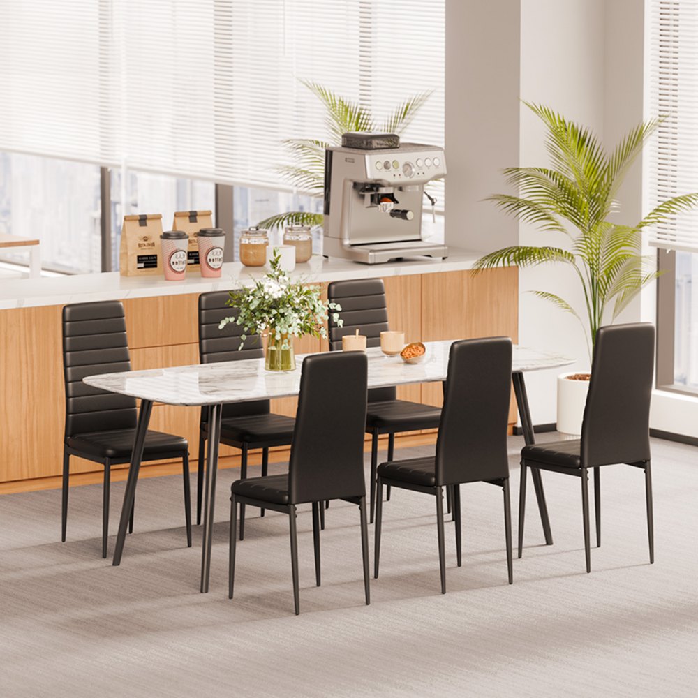 VEVOR Modern Dining Room Accent Chairs Set of 6, Upholstered Leather Side Chair for Dining Tables, Space-Saving Kitchen Table Chair with Thick Cushions and Metal Legs, Black