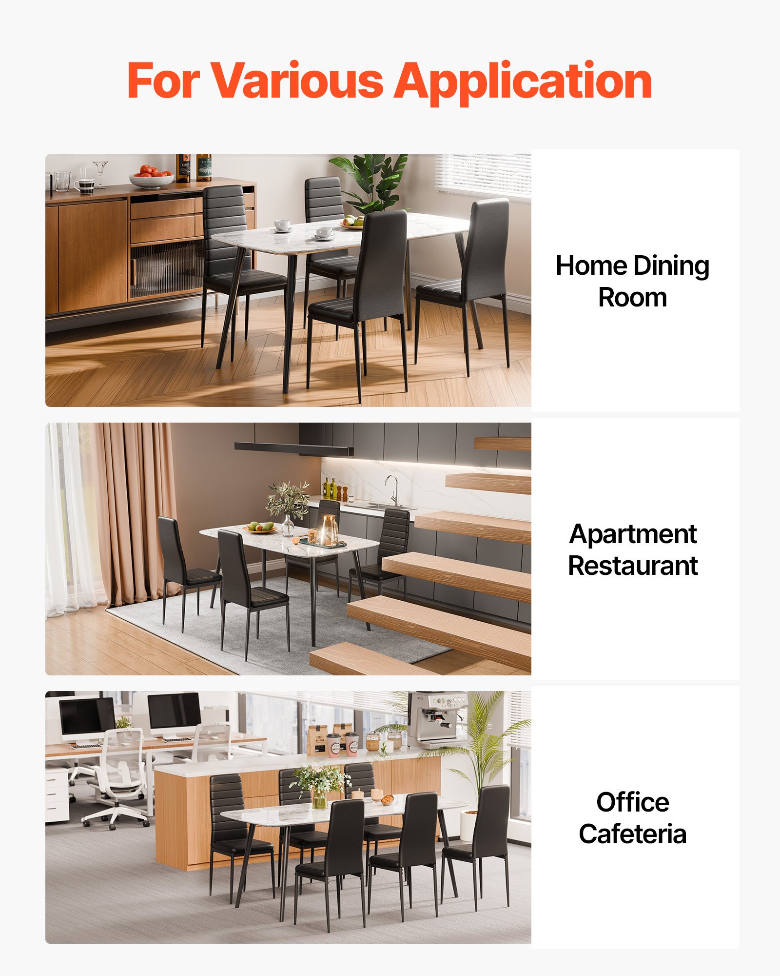 VEVOR Modern Dining Room Accent Chairs Set of 6, Upholstered Leather Side Chair for Dining Tables, Space-Saving Kitchen Table Chair with Thick Cushions and Metal Legs, Black