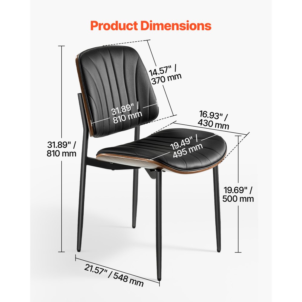 VEVOR Modern Dining Room Accent Chairs Set of 2, Upholstered Leather Side Chair for Dining Tables, Space-Saving Kitchen Table Chair with Thick Cushions and Metal Legs, Black