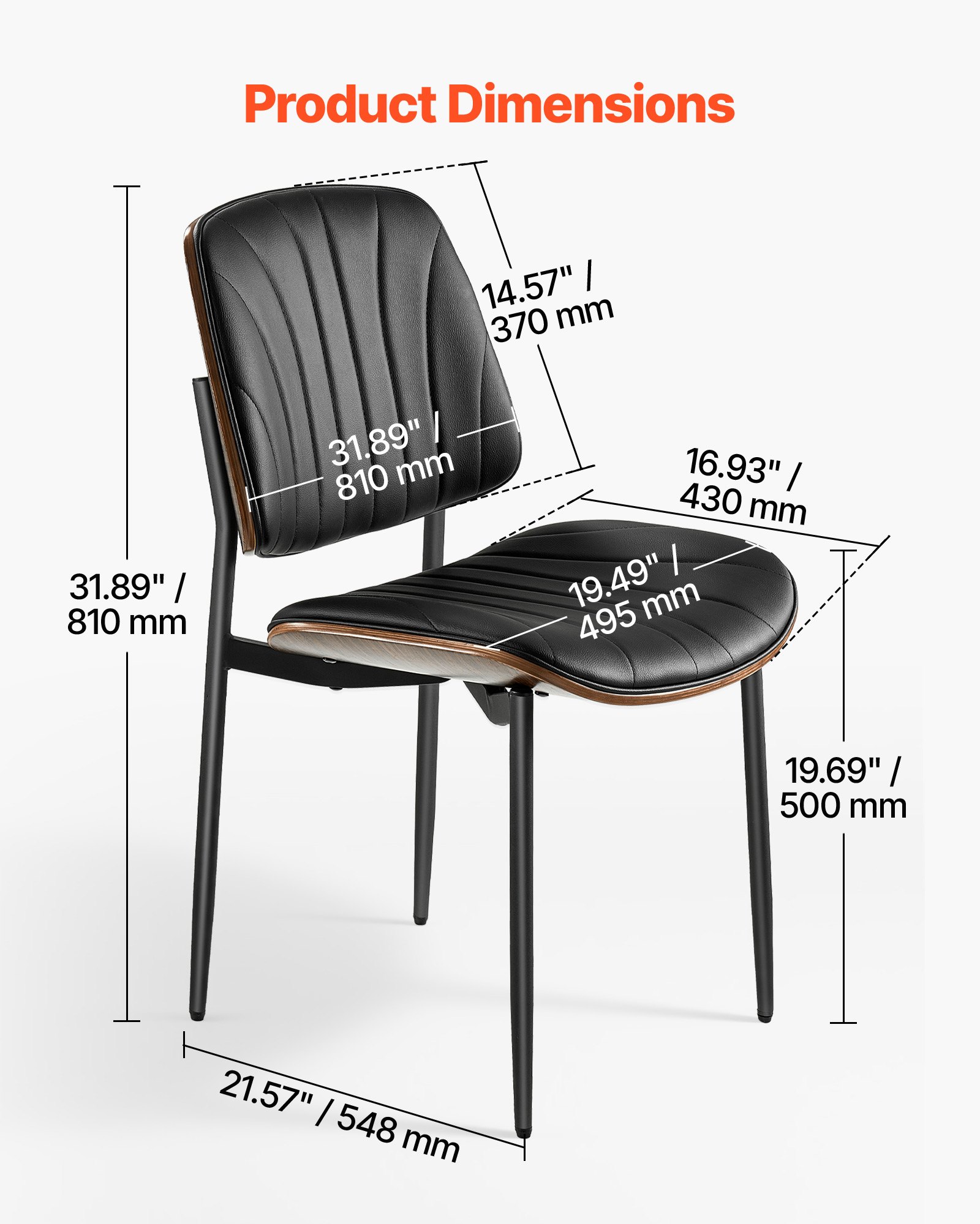 VEVOR Modern Dining Room Accent Chairs Set of 2, Upholstered Leather Side Chair for Dining Tables, Space-Saving Kitchen Table Chair with Thick Cushions and Metal Legs, Black